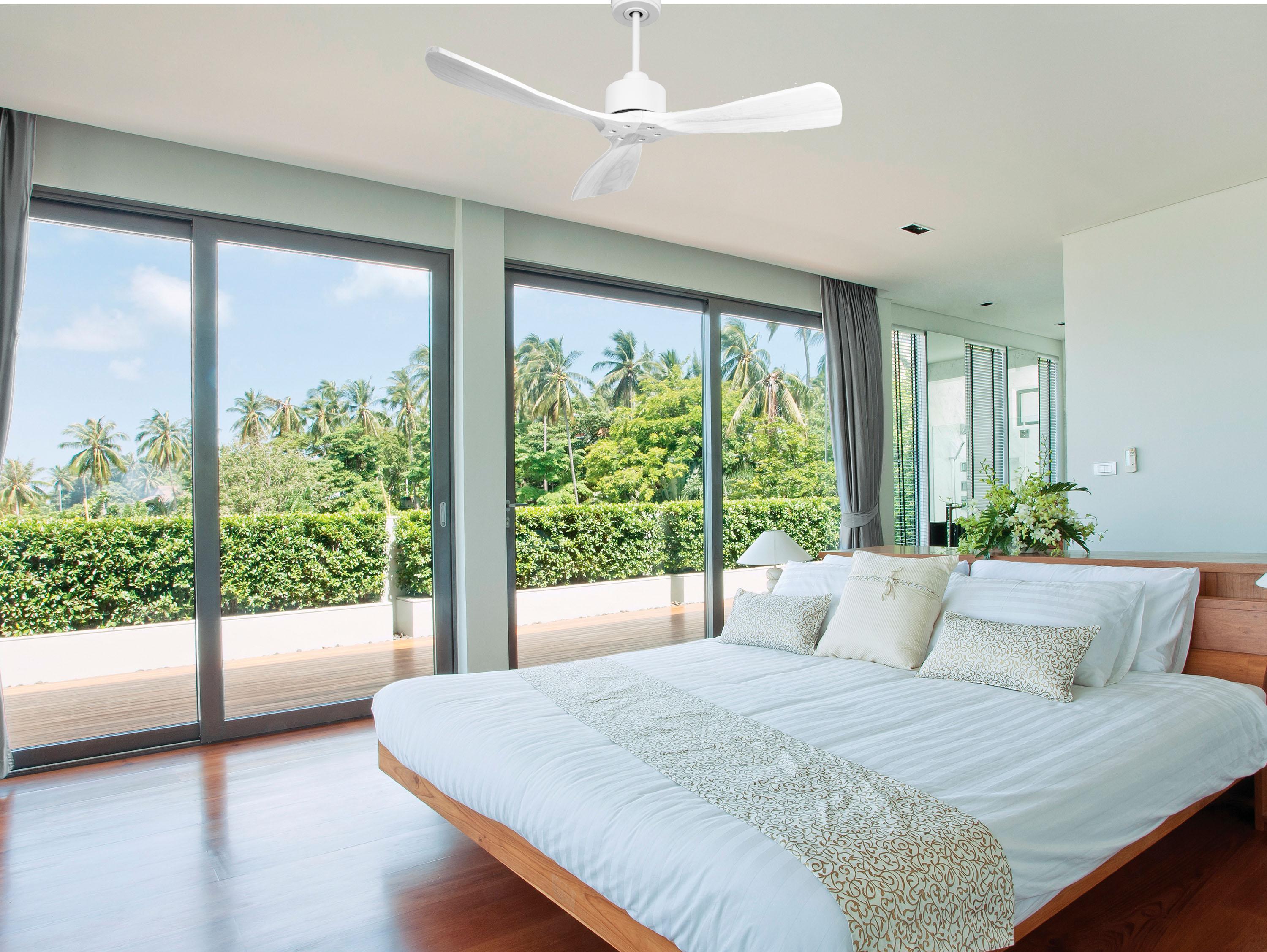 Ventilatore da soffitto Reversibile Termostato Wifi Motore CC Tetti inclinati Telecomando Hypersilence Memoria FullWood