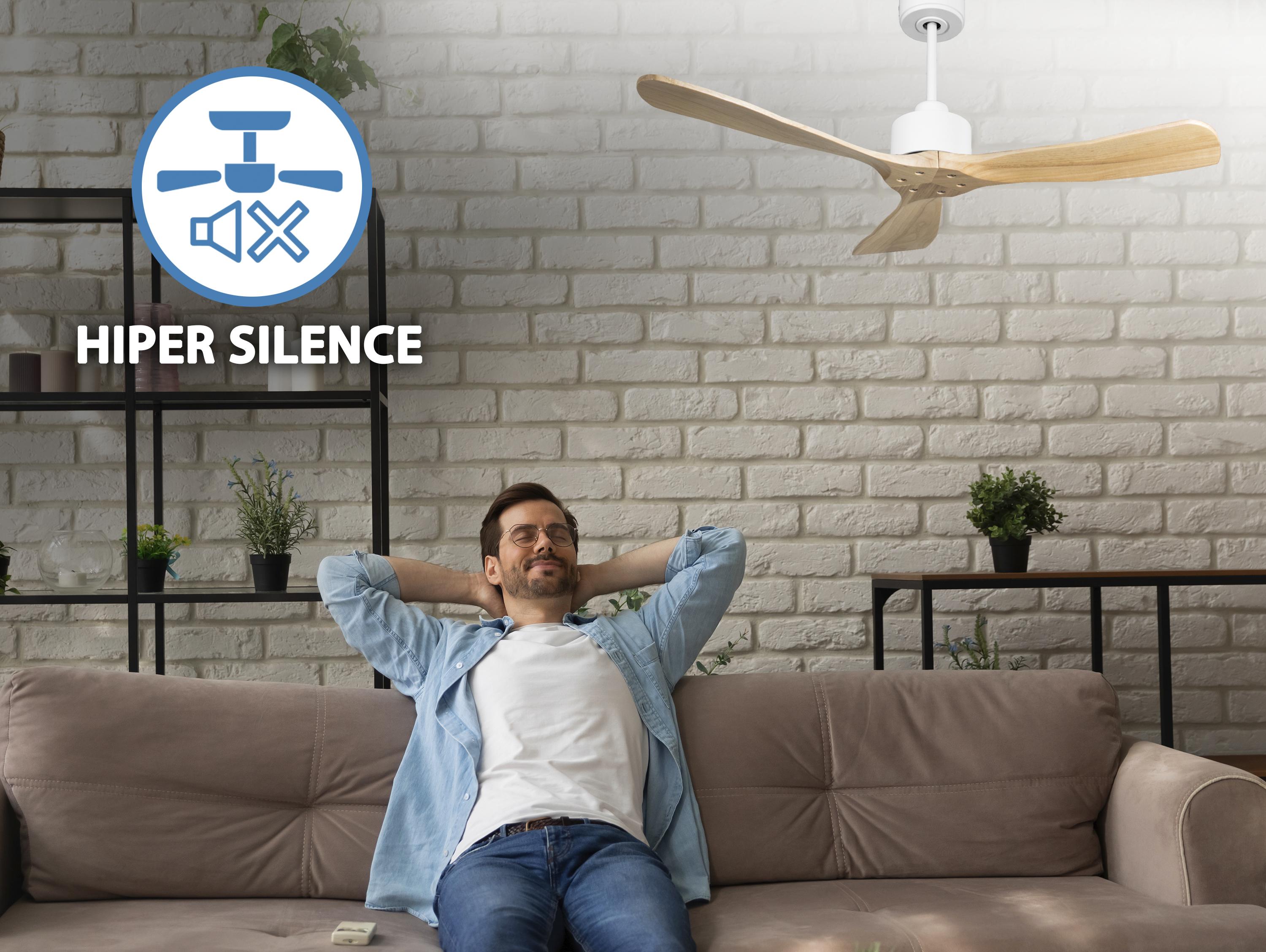 Ventilatore da soffitto Reversibile Termostato Wifi Motore CC Tetti inclinati Telecomando Hypersilence Memoria FullWood