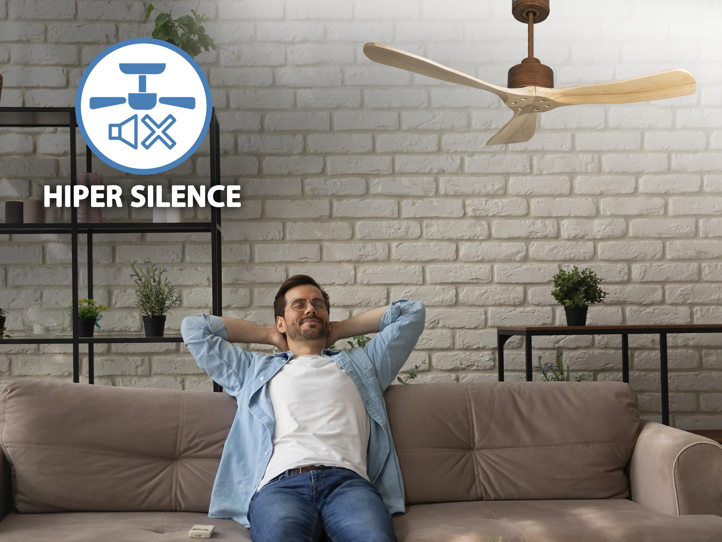 Ventilatore da soffitto Reversibile Termostato Wifi Motore CC Tetti inclinati Telecomando Hypersilence Memoria FullWood
