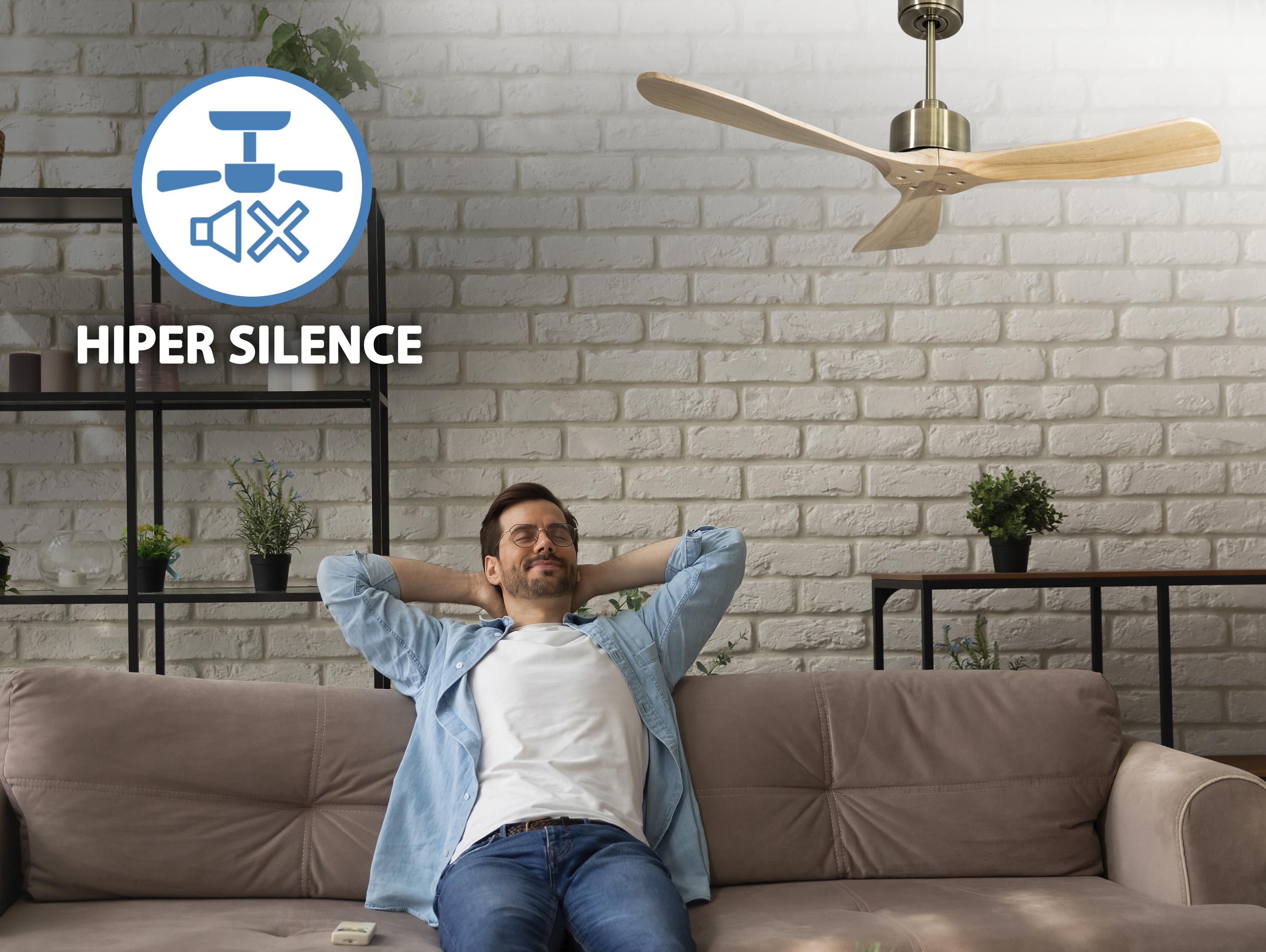 Ventilatore da soffitto Reversibile Termostato Wifi Motore CC Tetti inclinati Telecomando Hypersilence Memoria FullWood