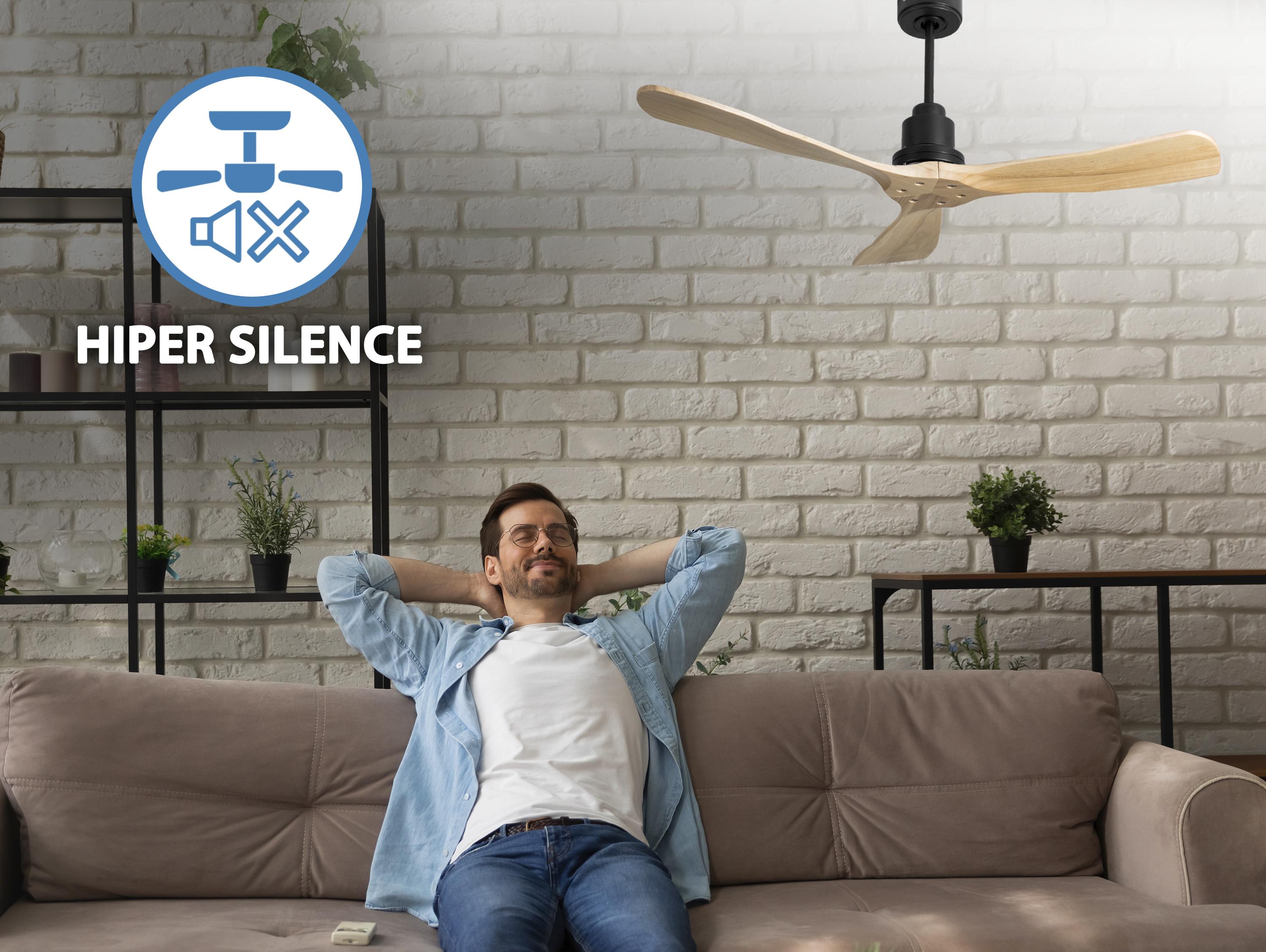 Ventilatore da soffitto Reversibile Termostato Wifi Motore CC Tetti inclinati Telecomando Hypersilence Memoria FullWood