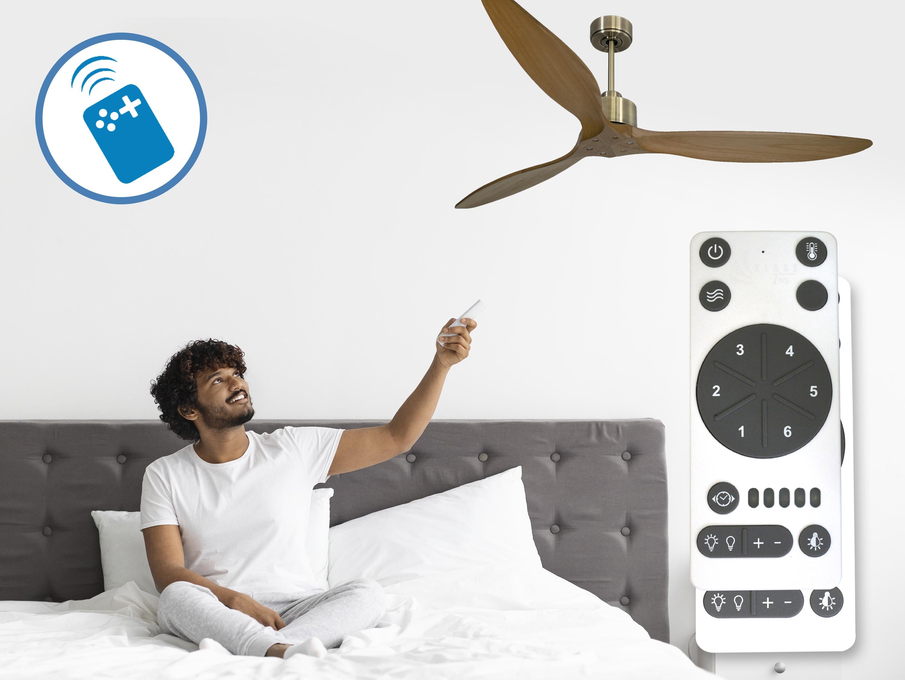Ventilatore da soffitto Reversibile Termostato Wifi Motore CC Tetti inclinati Telecomando Hypersilence Memoria FullWood