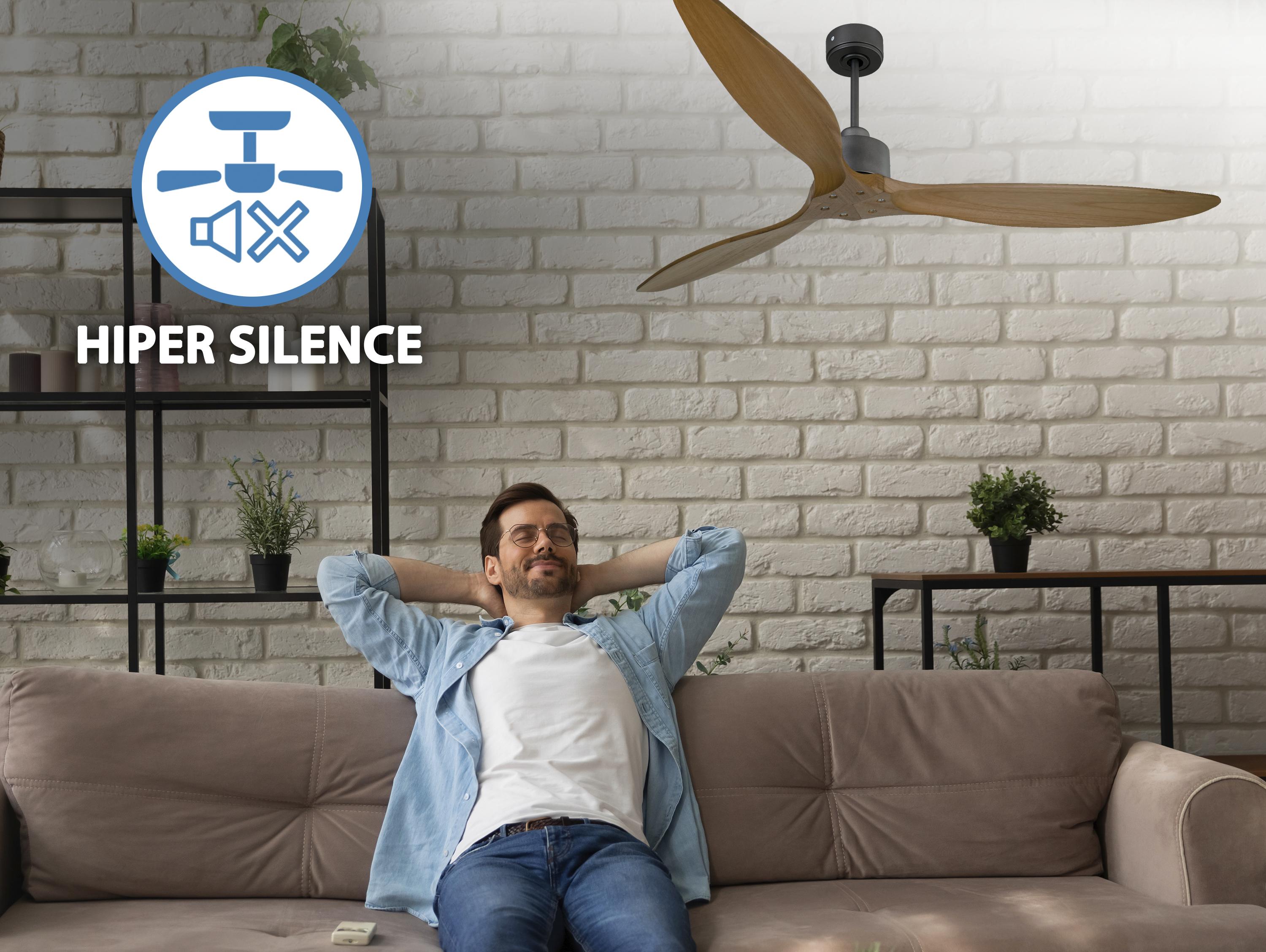 Ventilatore da soffitto Reversibile Termostato Wifi Motore CC Tetti inclinati Telecomando Hypersilence Memoria FullWood