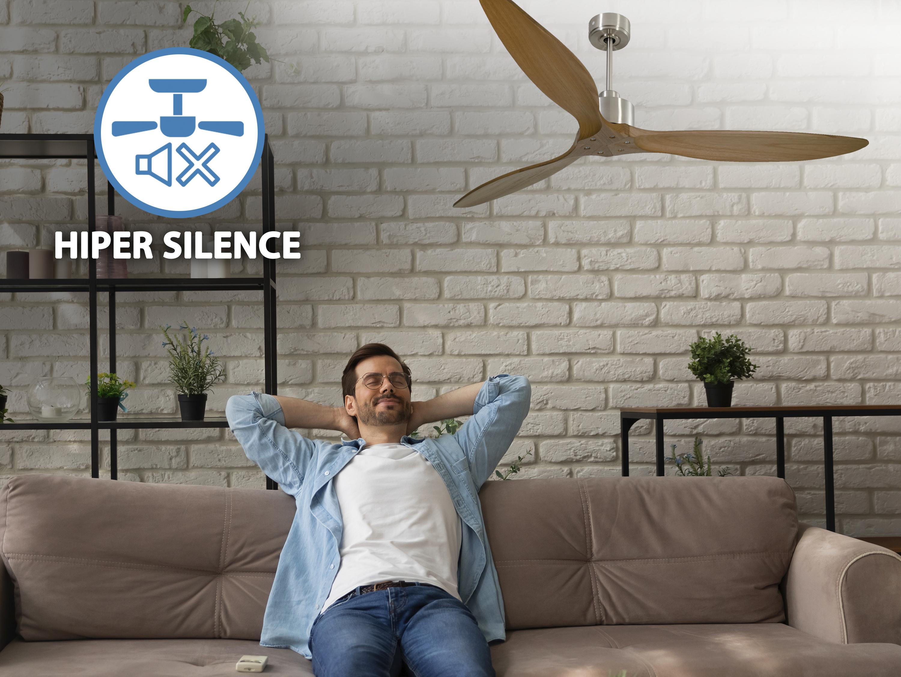 Ventilatore da soffitto Reversibile Termostato Wifi Motore CC Tetti inclinati Telecomando Hypersilence Memoria FullWood