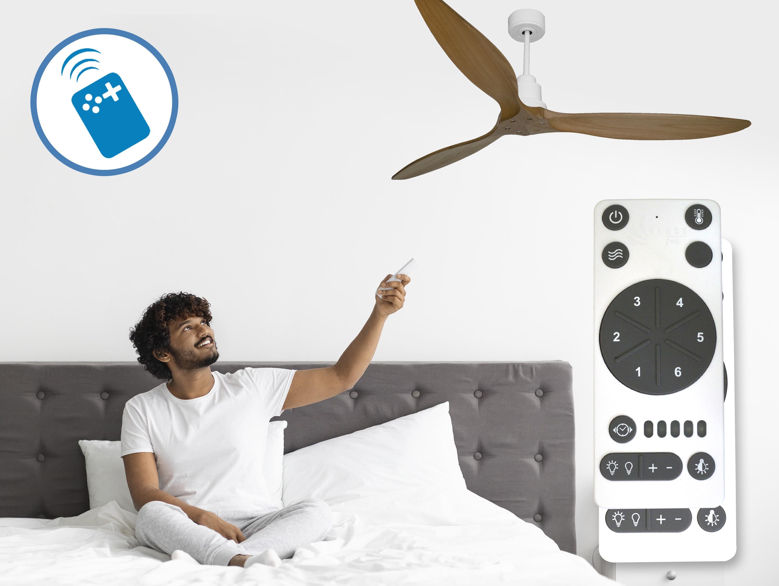 Ventilatore da soffitto Reversibile Termostato Wifi Motore CC Tetti inclinati Telecomando Hypersilence Memoria FullWood Shopify Vendible (AUTOMATICO)