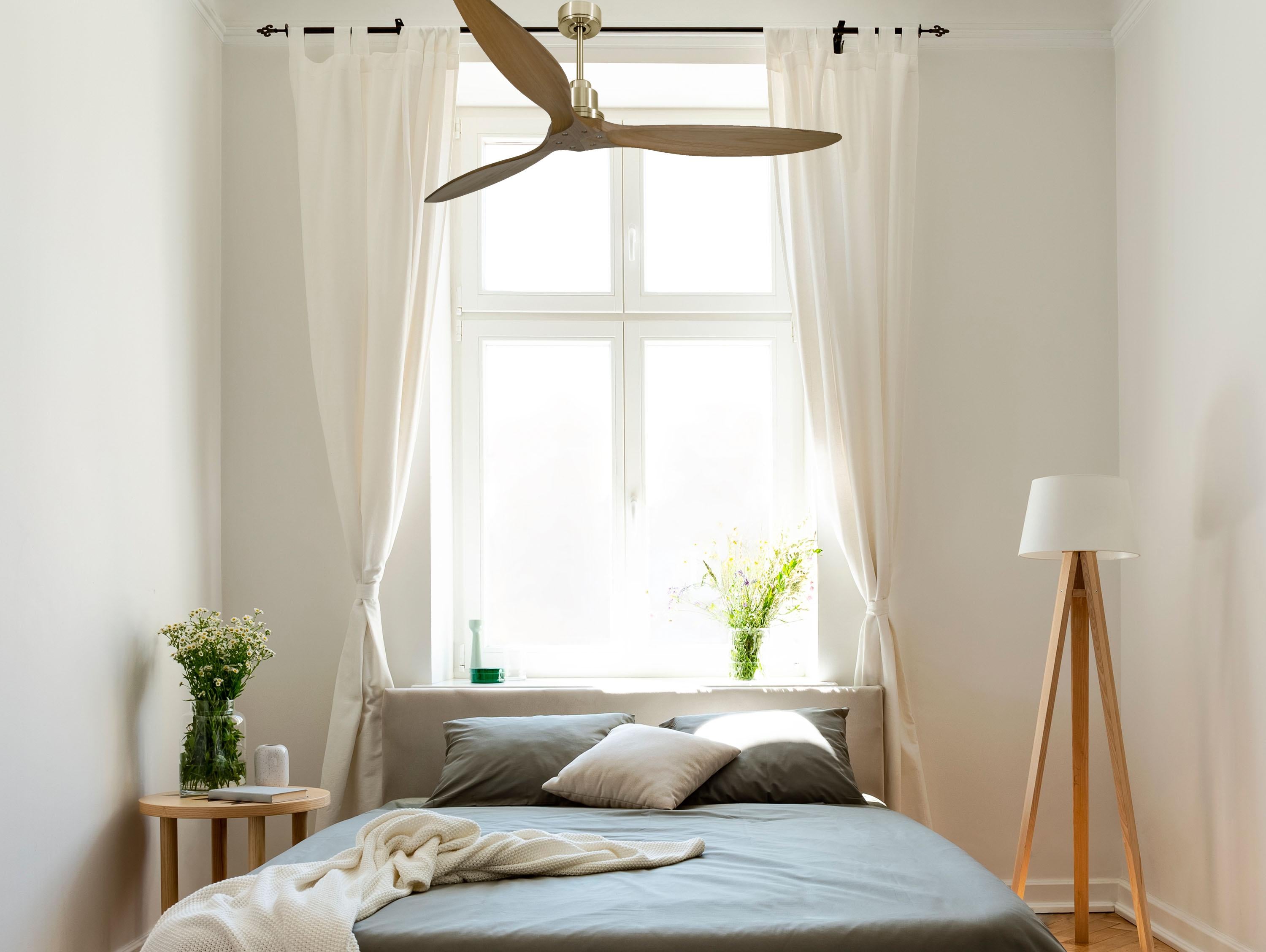Ventilatore da soffitto Reversibile Termostato Wifi Motore CC Tetti inclinati Telecomando Hypersilence Memoria FullWood