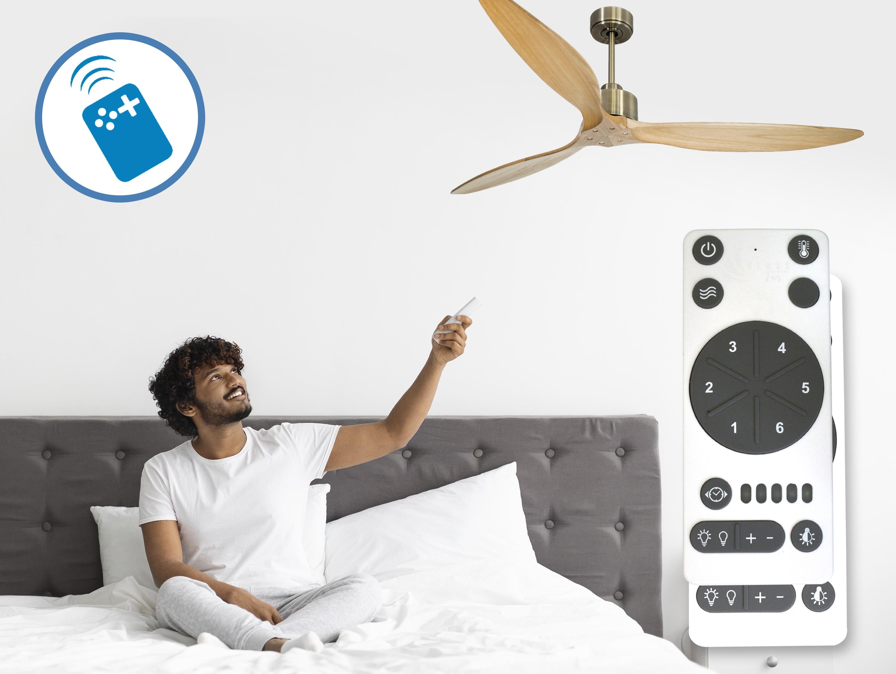 Ventilatore da soffitto Reversibile Termostato Wifi Motore CC Tetti inclinati Telecomando Hypersilence Memoria FullWood