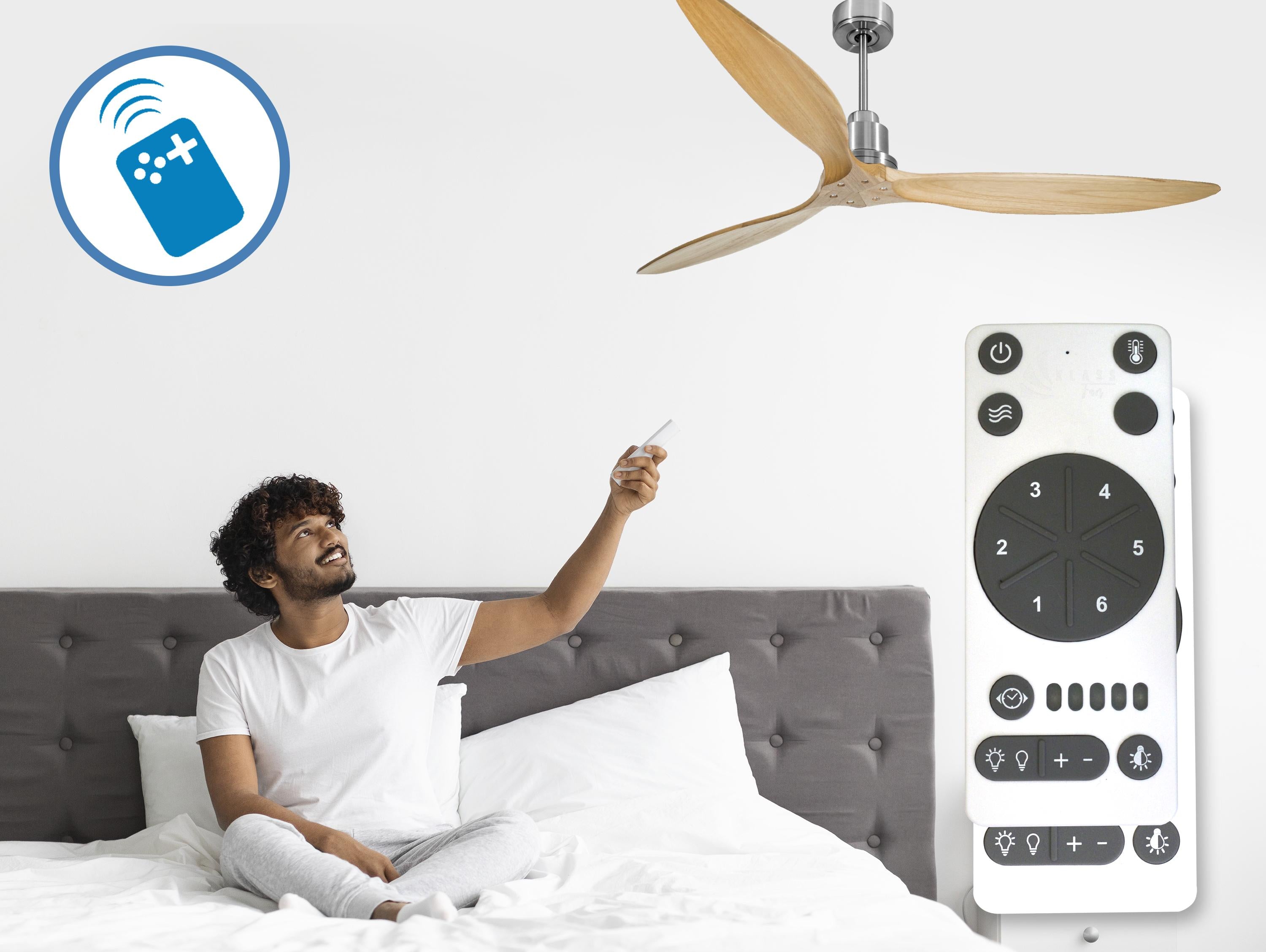 Ventilatore da soffitto Reversibile Termostato Wifi Motore CC Tetti inclinati Telecomando Hypersilence Memoria FullWood Shopify Vendible (AUTOMATICO)