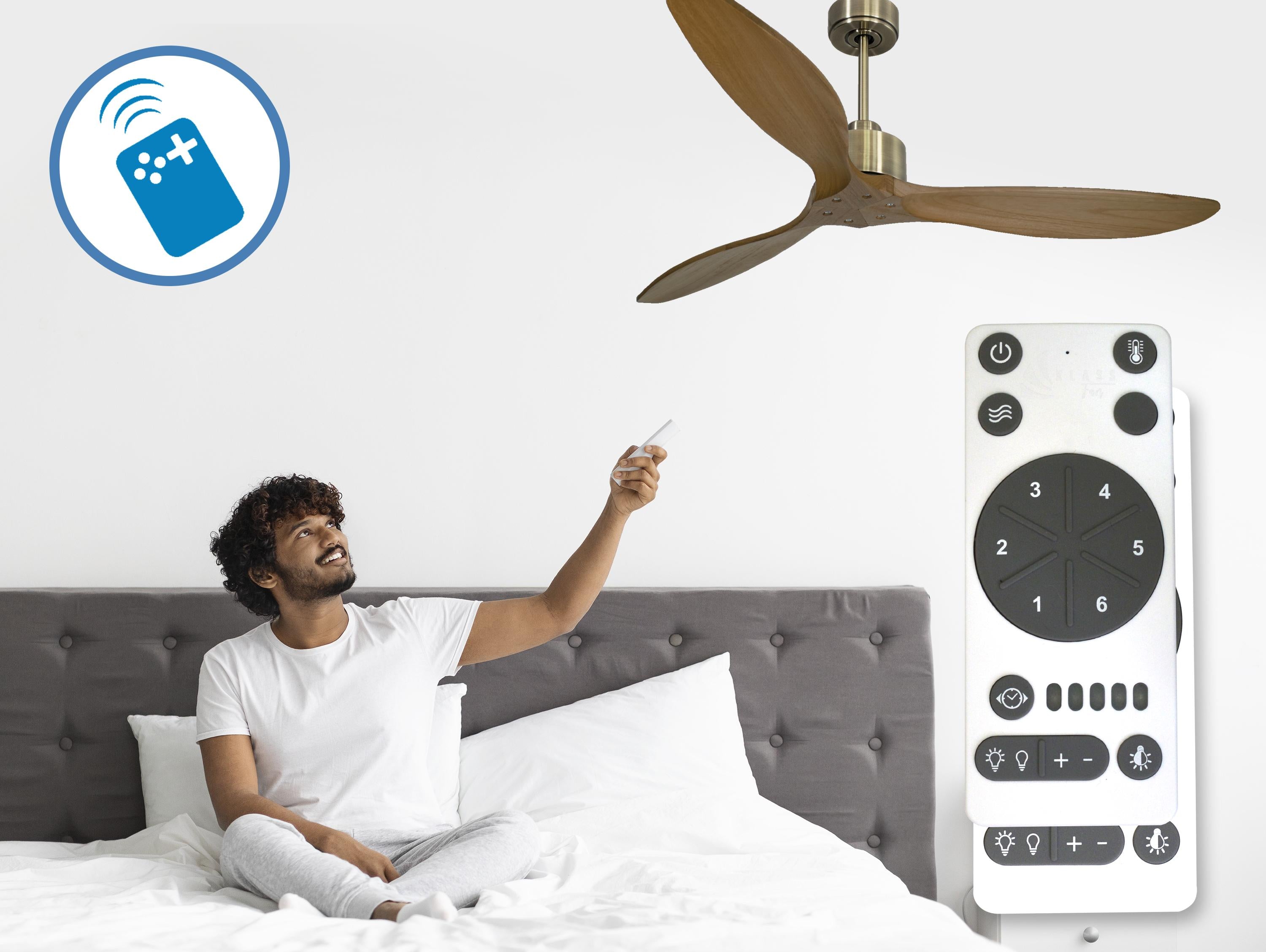 Ventilatore da soffitto Reversibile Termostato Wifi Motore CC Tetti inclinati Telecomando Hypersilence Memoria FullWood