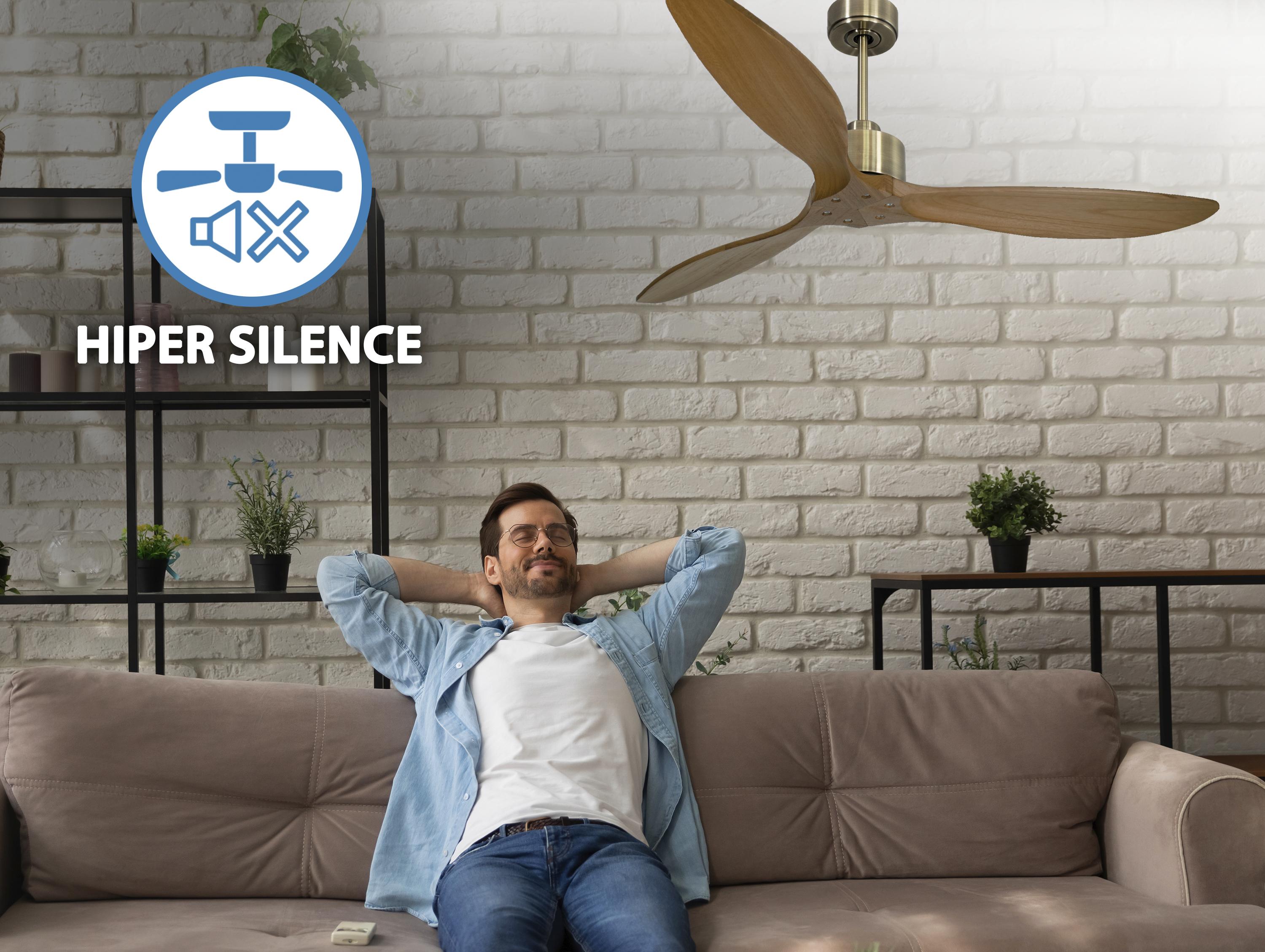 Ventilatore da soffitto Reversibile Termostato Wifi Motore CC Tetti inclinati Telecomando Hypersilence Memoria FullWood