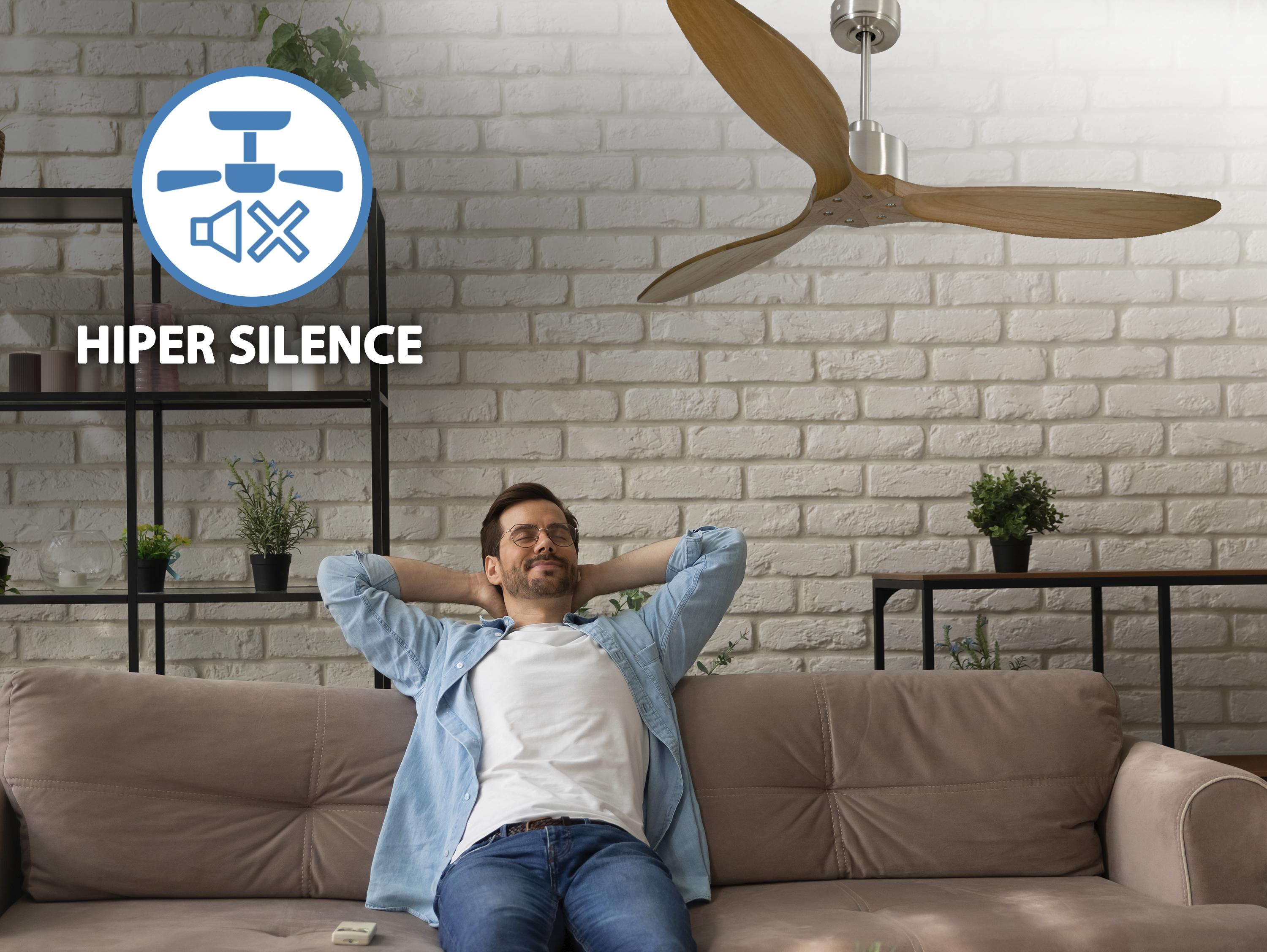 Ventilatore da soffitto Reversibile Termostato Wifi Motore CC Tetti inclinati Telecomando Hypersilence Memoria FullWood