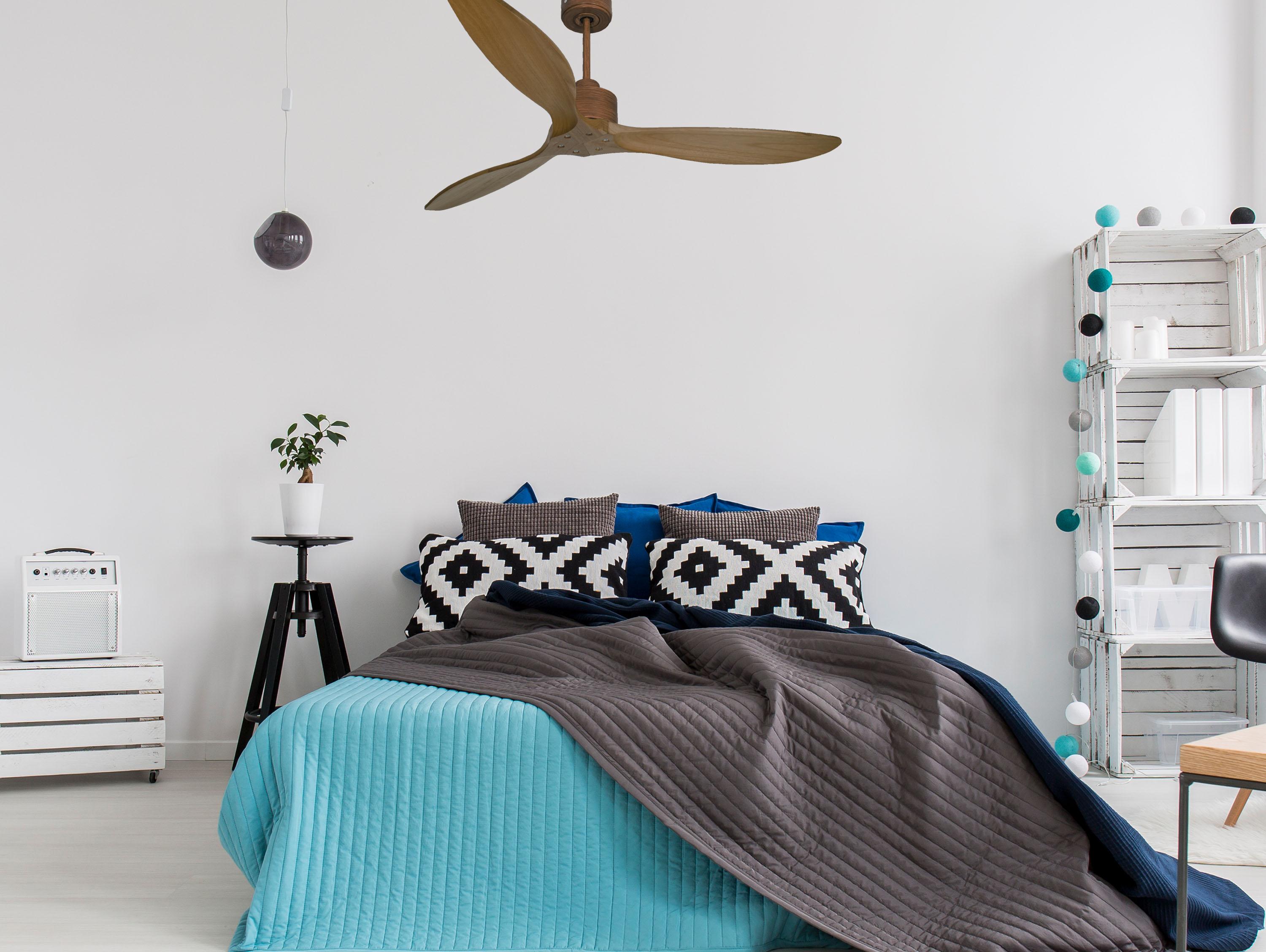 Ventilatore da soffitto Reversibile Termostato Wifi Motore CC Tetti inclinati Telecomando Hypersilence Memoria FullWood