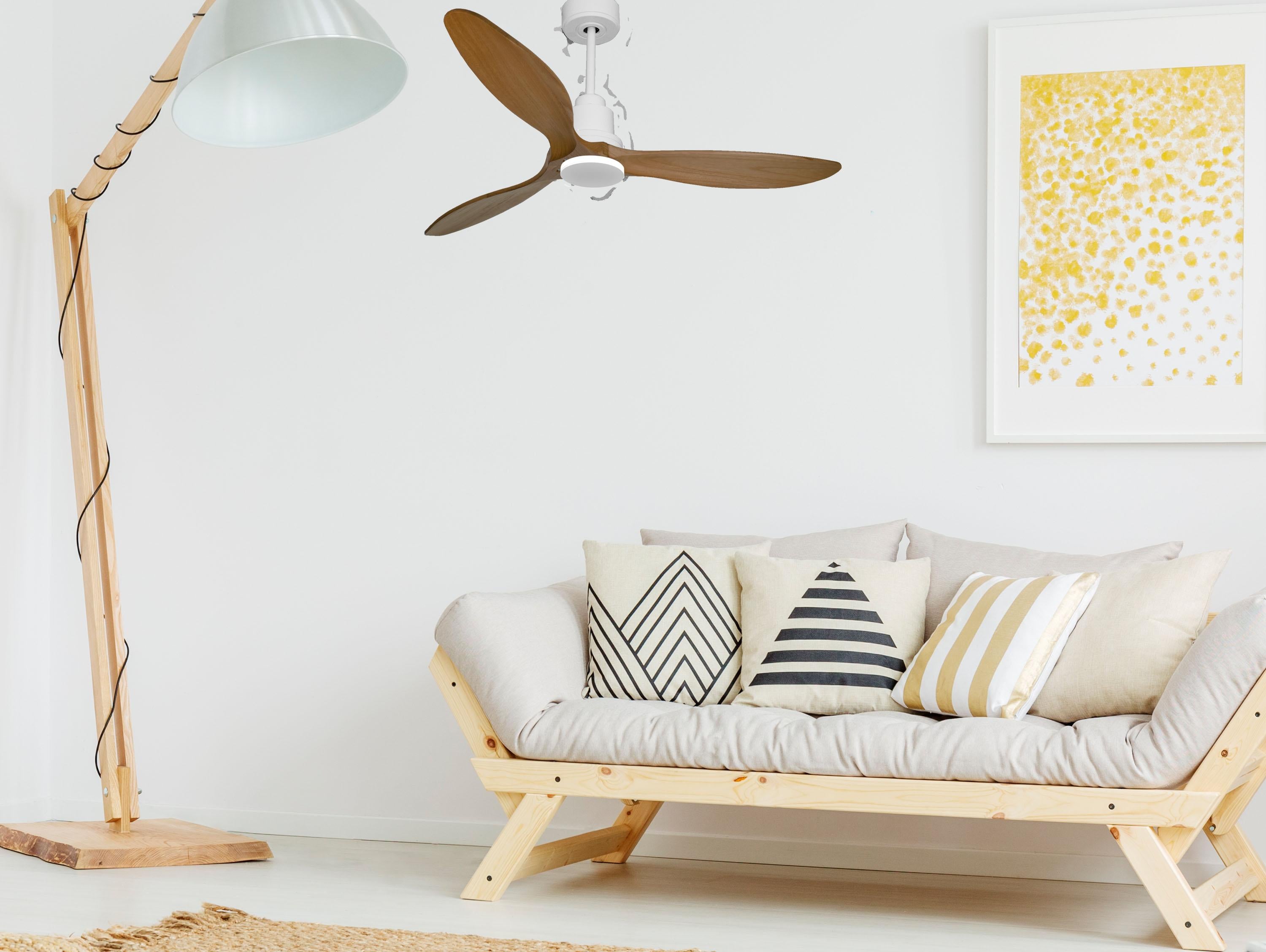 Ventilatore da soffitto Reversibile Termostato Wifi Motore CC Tetti inclinati Telecomando Hypersilence Memoria FullWood Shopify Vendible (AUTOMATICO)