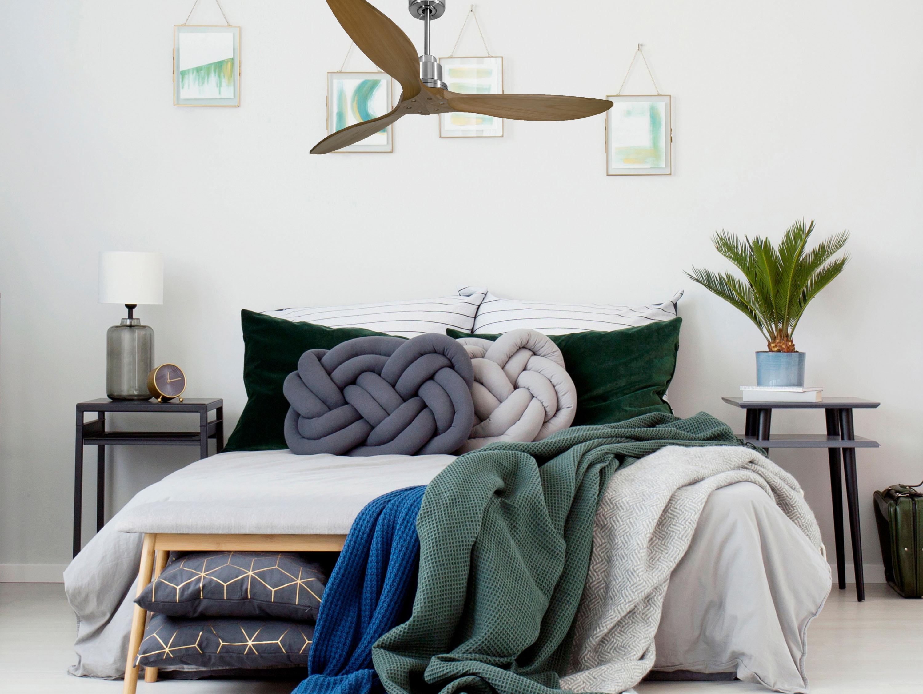 Ventilatore da soffitto Reversibile Termostato Wifi Motore CC Tetti inclinati Telecomando Hypersilence Memoria FullWood