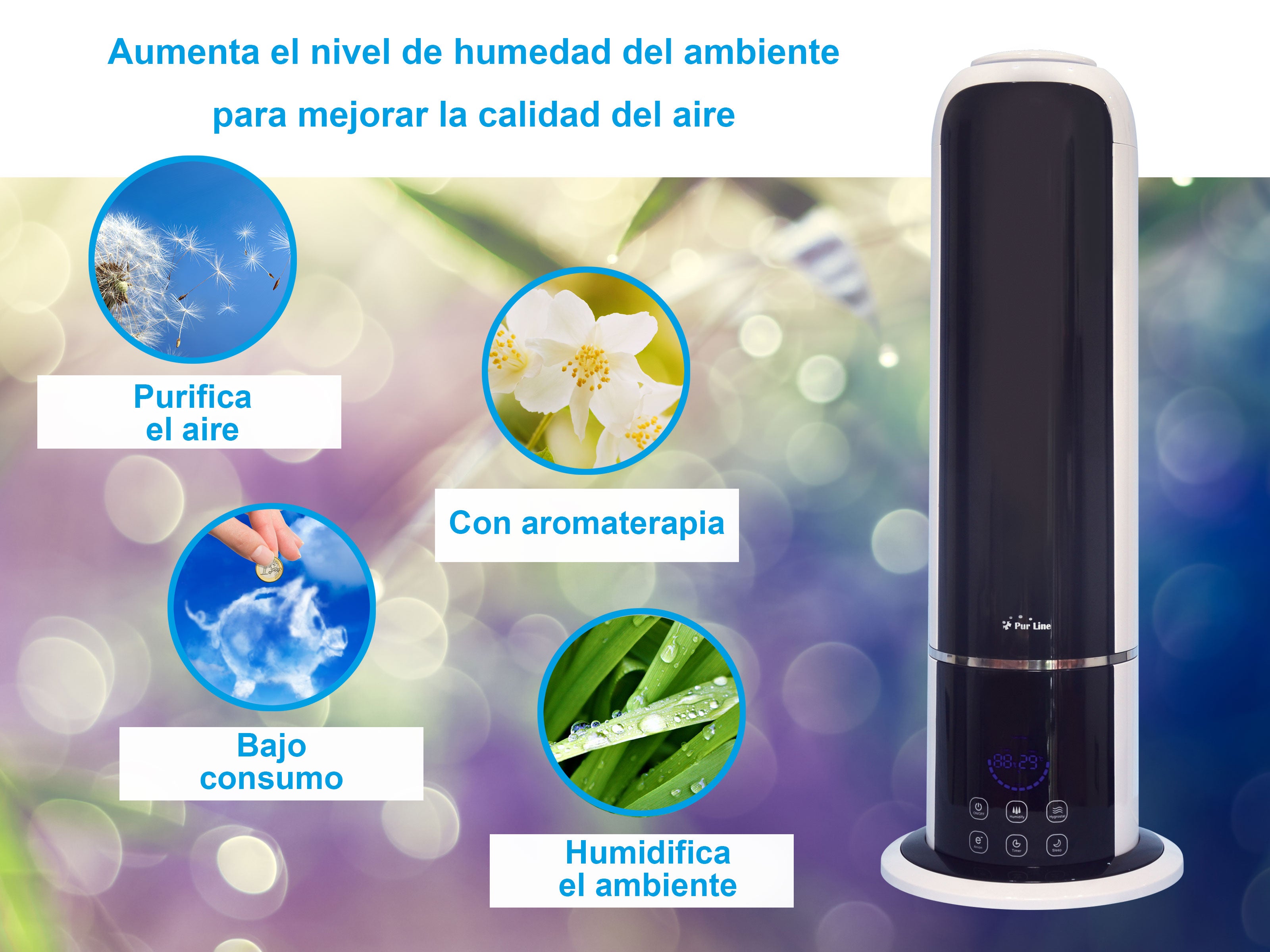 Umidificatore ad ultrasuoni/ ionizzatore, HYDRO 13, igrostato, design moderno, nero, Purline