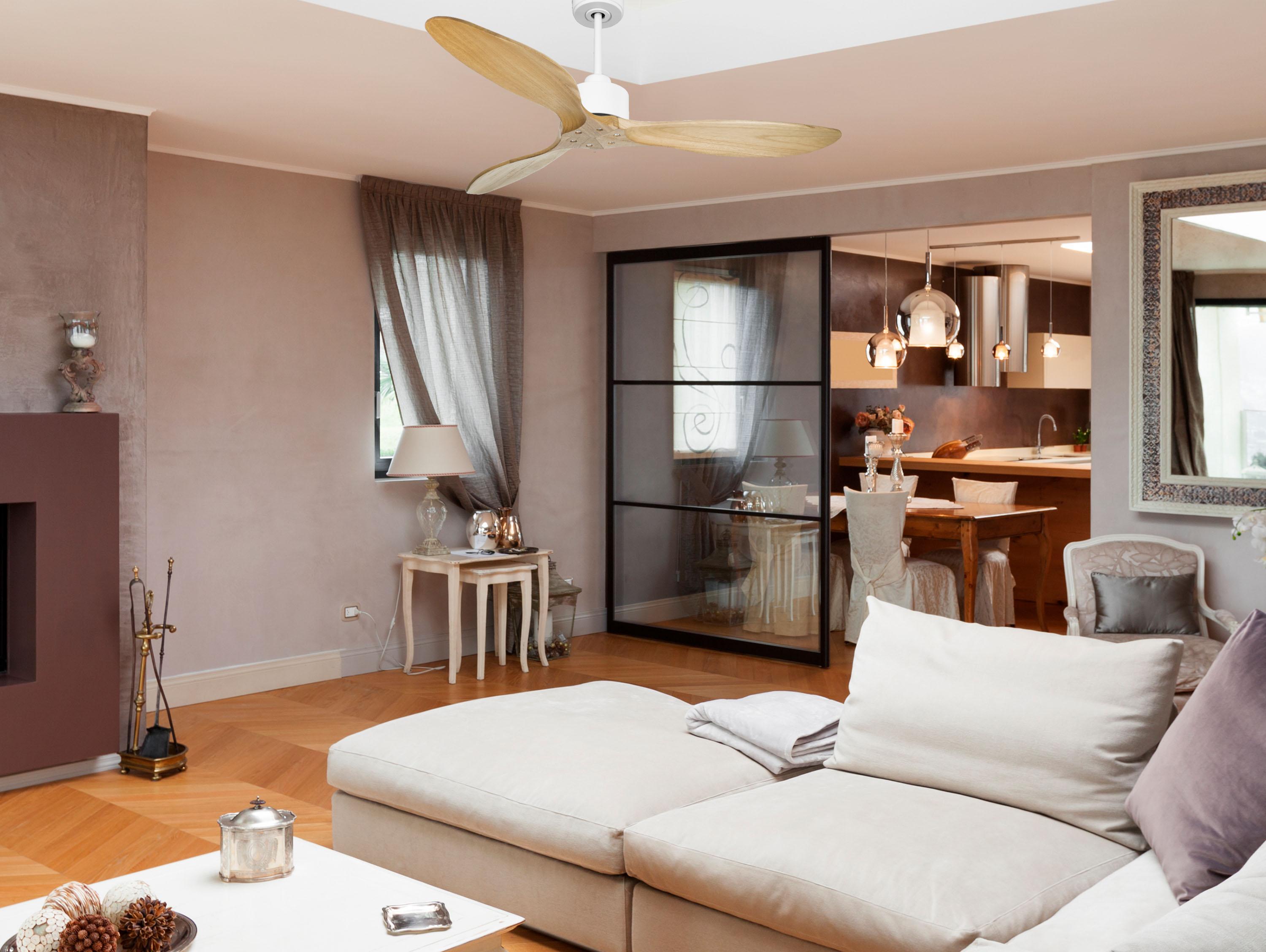 Ventilatore da soffitto Reversibile Termostato Wifi Motore CC Tetti inclinati Telecomando Hypersilence Memoria FullWood