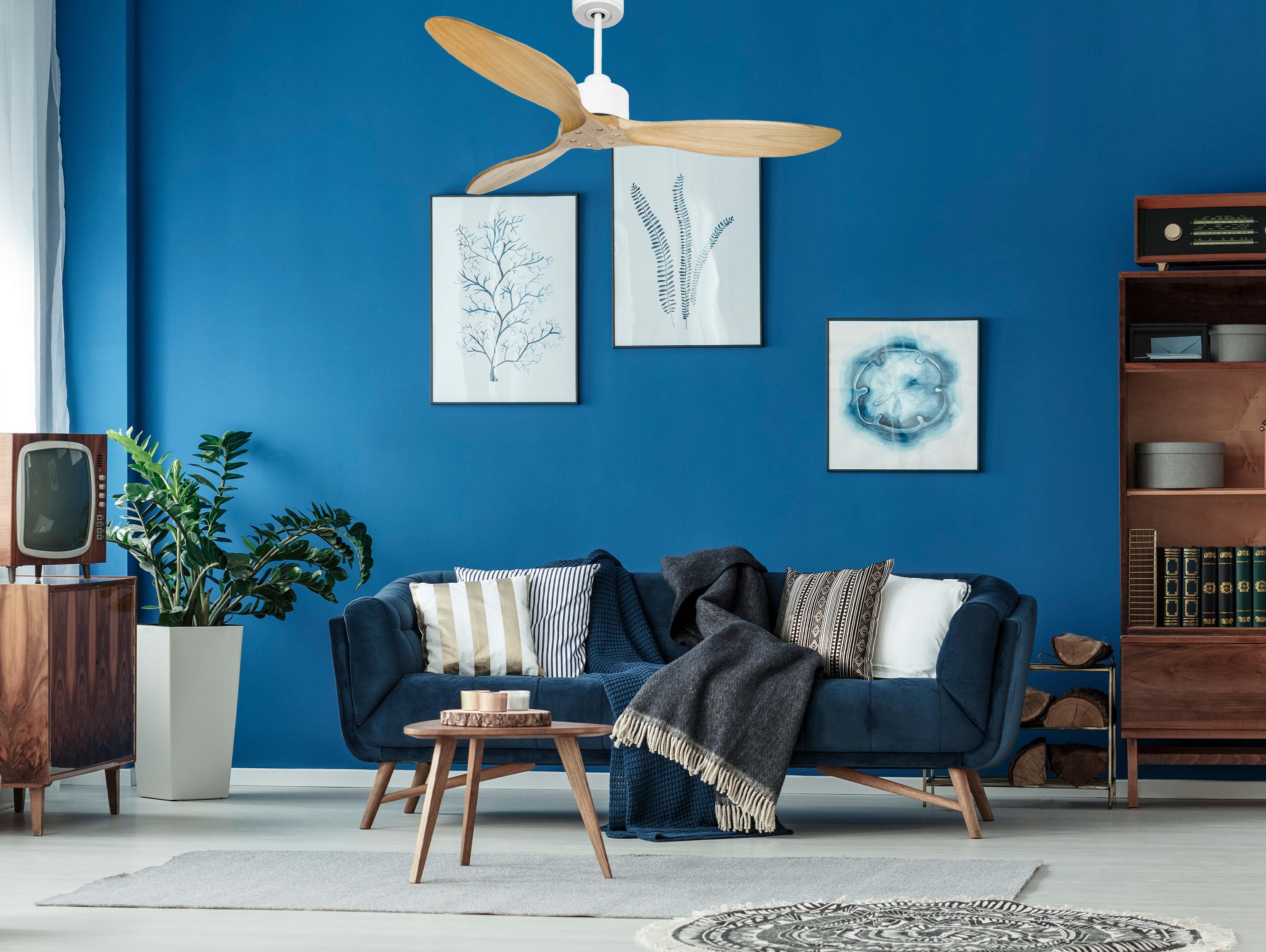 Ventilatore da soffitto Reversibile Termostato Wifi Motore CC Tetti inclinati Telecomando Hypersilence Memoria FullWood