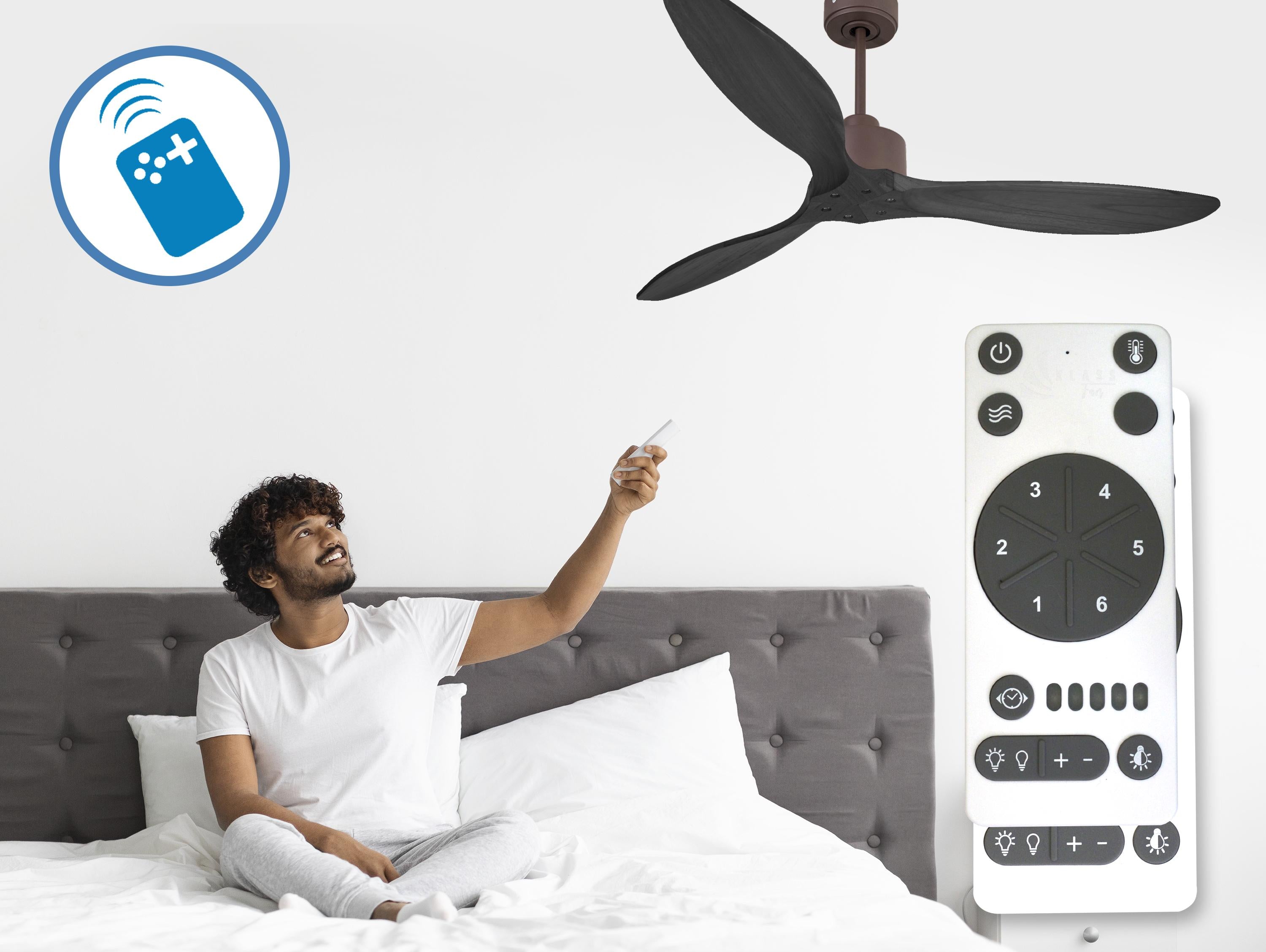 Ventilatore da soffitto Reversibile Termostato Wifi Motore CC Tetti inclinati Telecomando Hypersilence Memoria FullWood