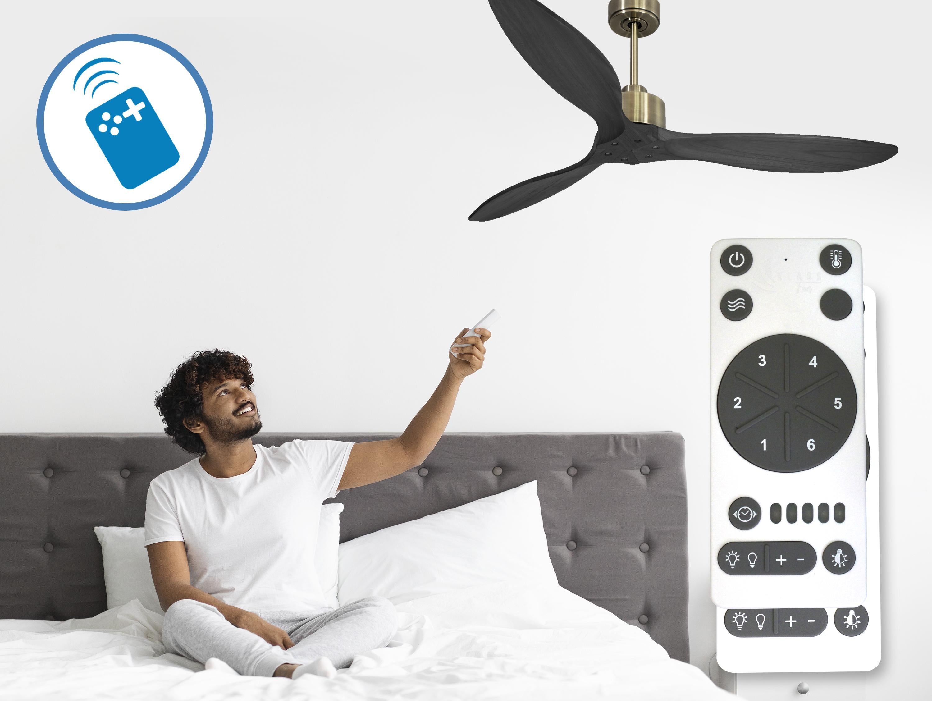Ventilatore da soffitto Reversibile Termostato Wifi Motore CC Tetti inclinati Telecomando Hypersilence Memoria FullWood