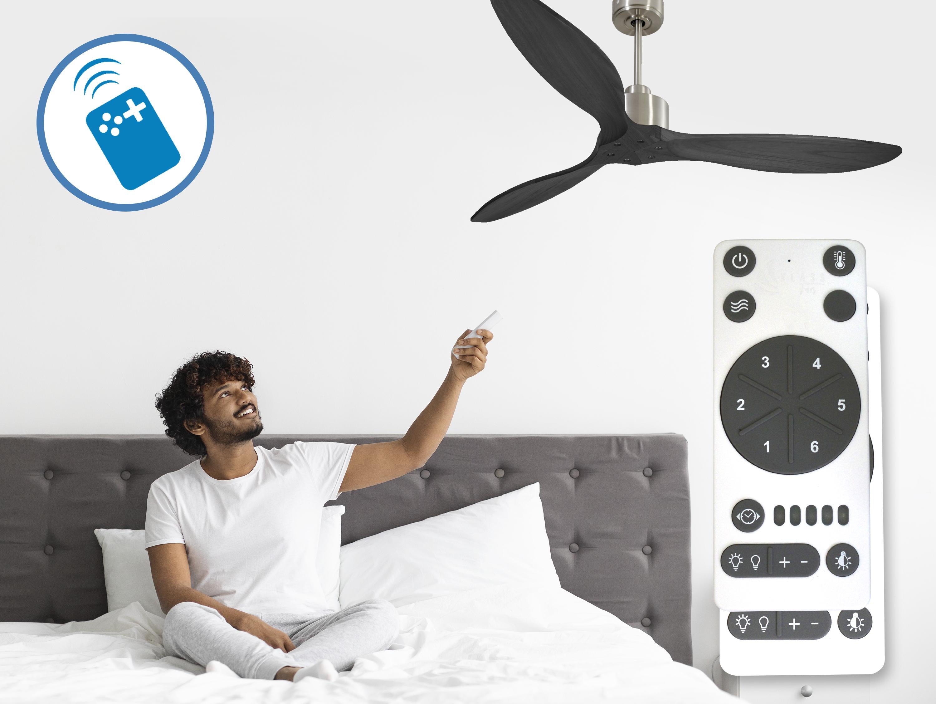 Ventilatore da soffitto Reversibile Termostato Wifi Motore CC Tetti inclinati Telecomando Hypersilence Memoria FullWood