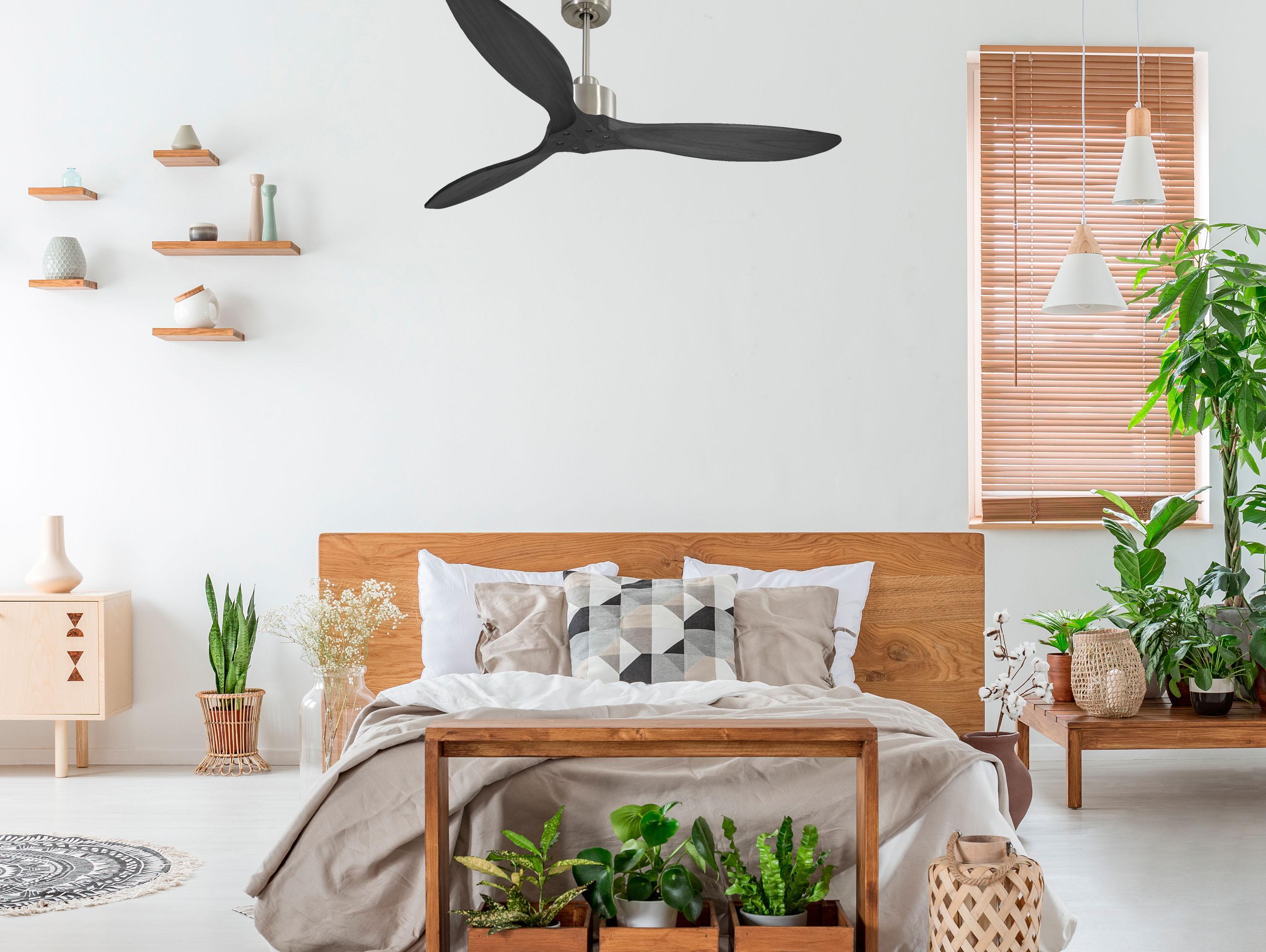Ventilatore da soffitto Reversibile Termostato Wifi Motore CC Tetti inclinati Telecomando Hypersilence Memoria FullWood