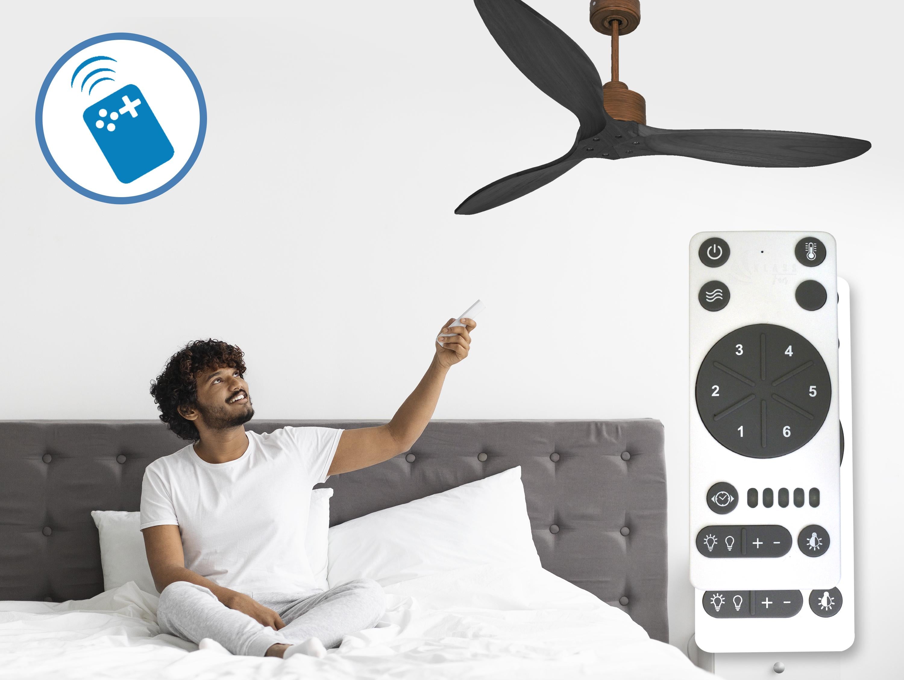Ventilatore da soffitto Reversibile Termostato Wifi Motore CC Tetti inclinati Telecomando Hypersilence Memoria FullWood