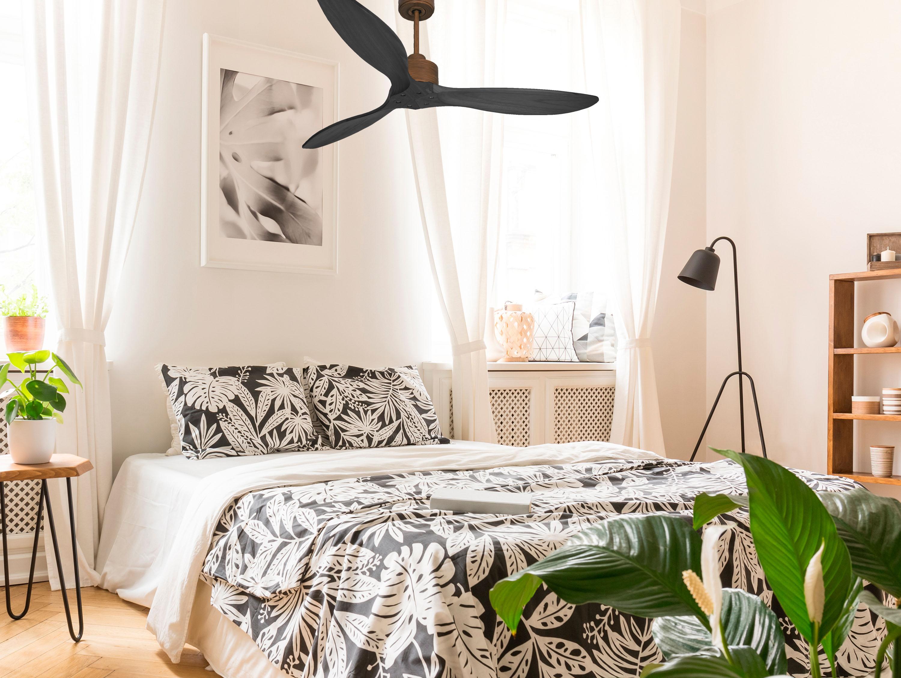 Ventilatore da soffitto Reversibile Termostato Wifi Motore CC Tetti inclinati Telecomando Hypersilence Memoria FullWood