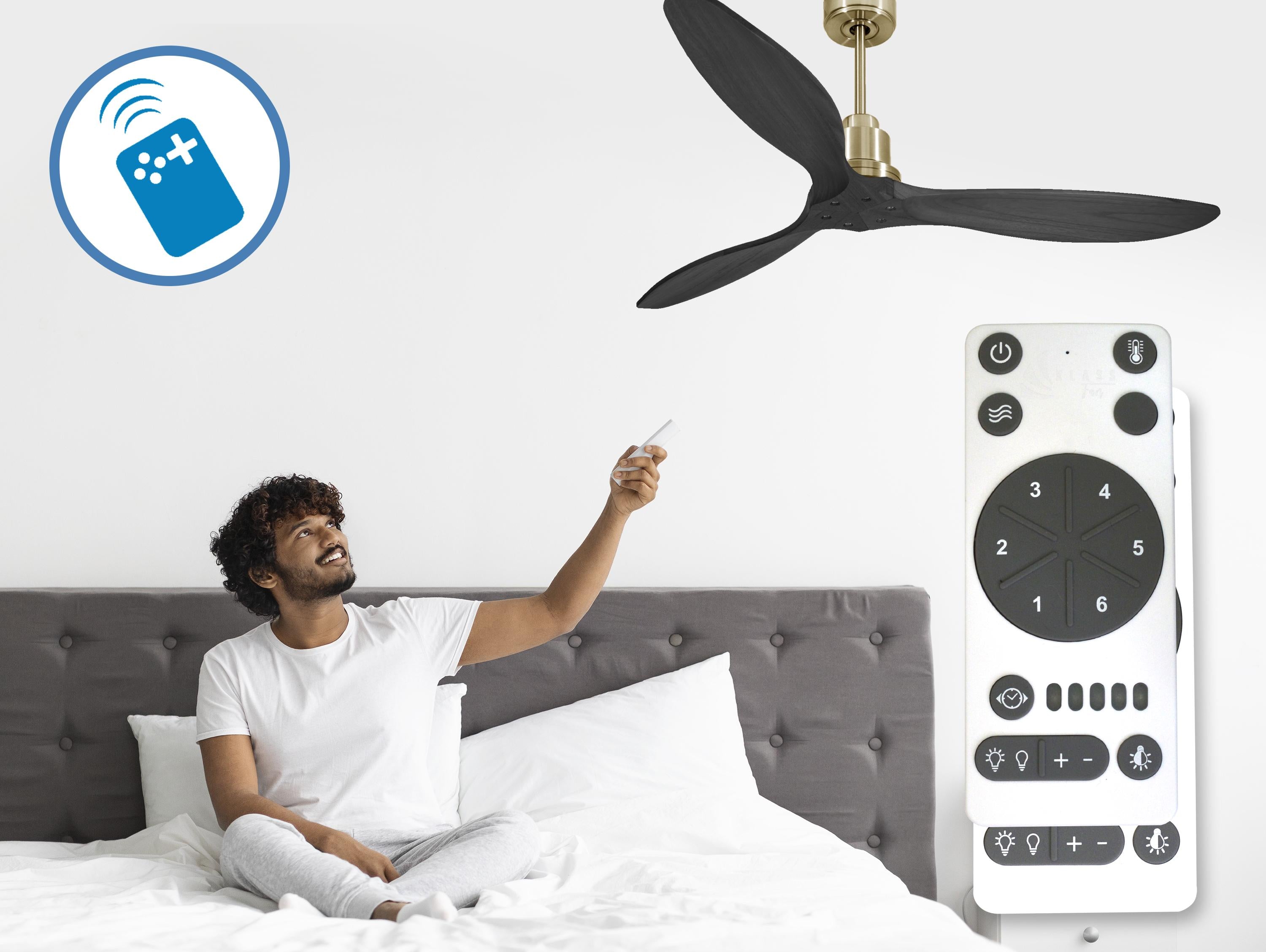 Ventilatore da soffitto Reversibile Termostato Wifi Motore CC Tetti inclinati Telecomando Hypersilence Memoria FullWood