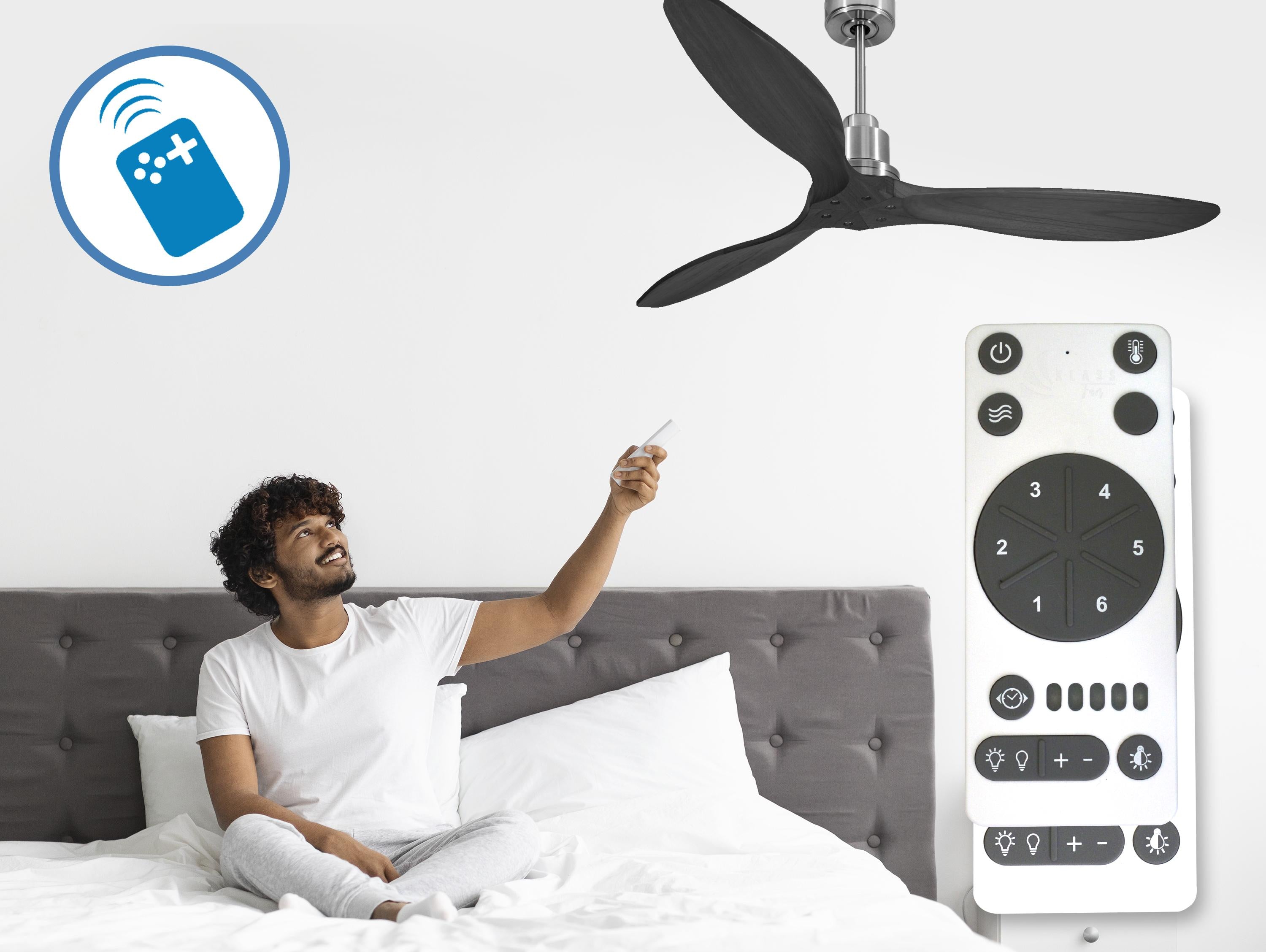 Ventilatore da soffitto Reversibile Termostato Wifi Motore CC Tetti inclinati Telecomando Hypersilence Memoria FullWood