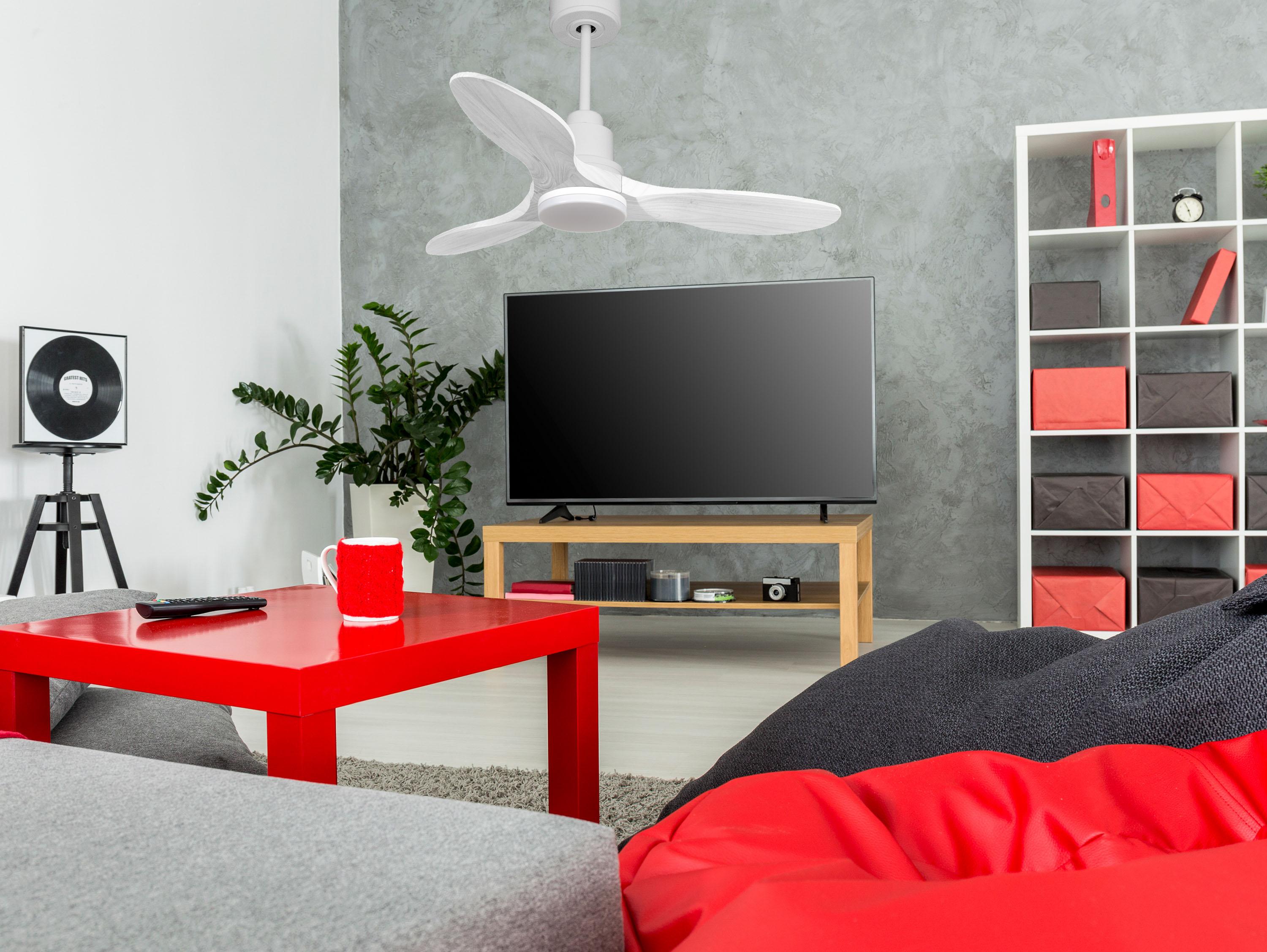 Ventilatore da soffitto Reversibile Termostato Dimmabile Wifi Motore CC Tetti inclinati Telecomando Luce a tre toni Hypersilence Memoria Shopify Vendible (AUTOMATICO)