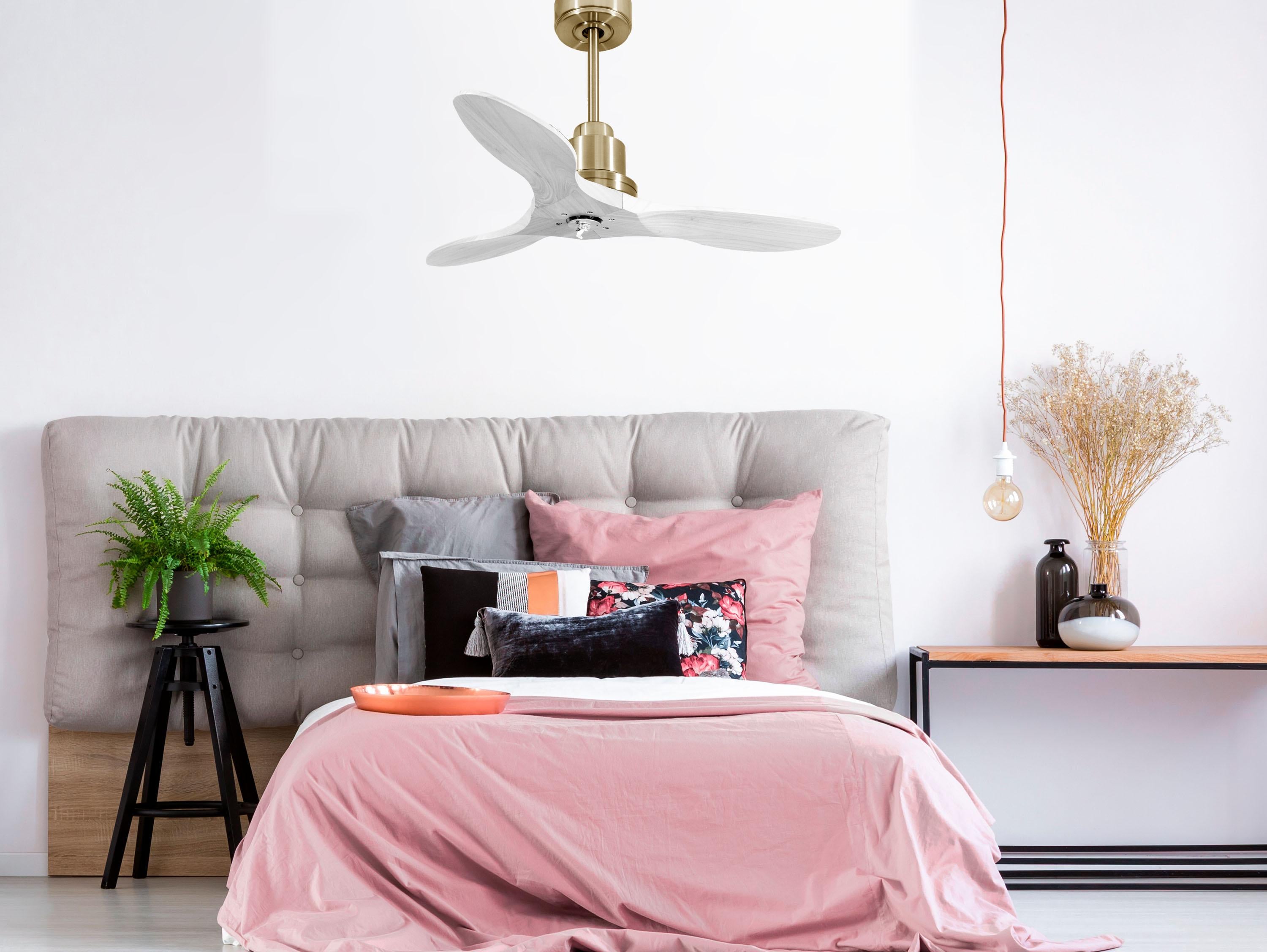 Ventilatore da soffitto Reversibile Termostato Dimmabile Wifi Motore CC Tetti inclinati Telecomando Luce a tre toni Hypersilence Memoria Shopify Vendible (AUTOMATICO)