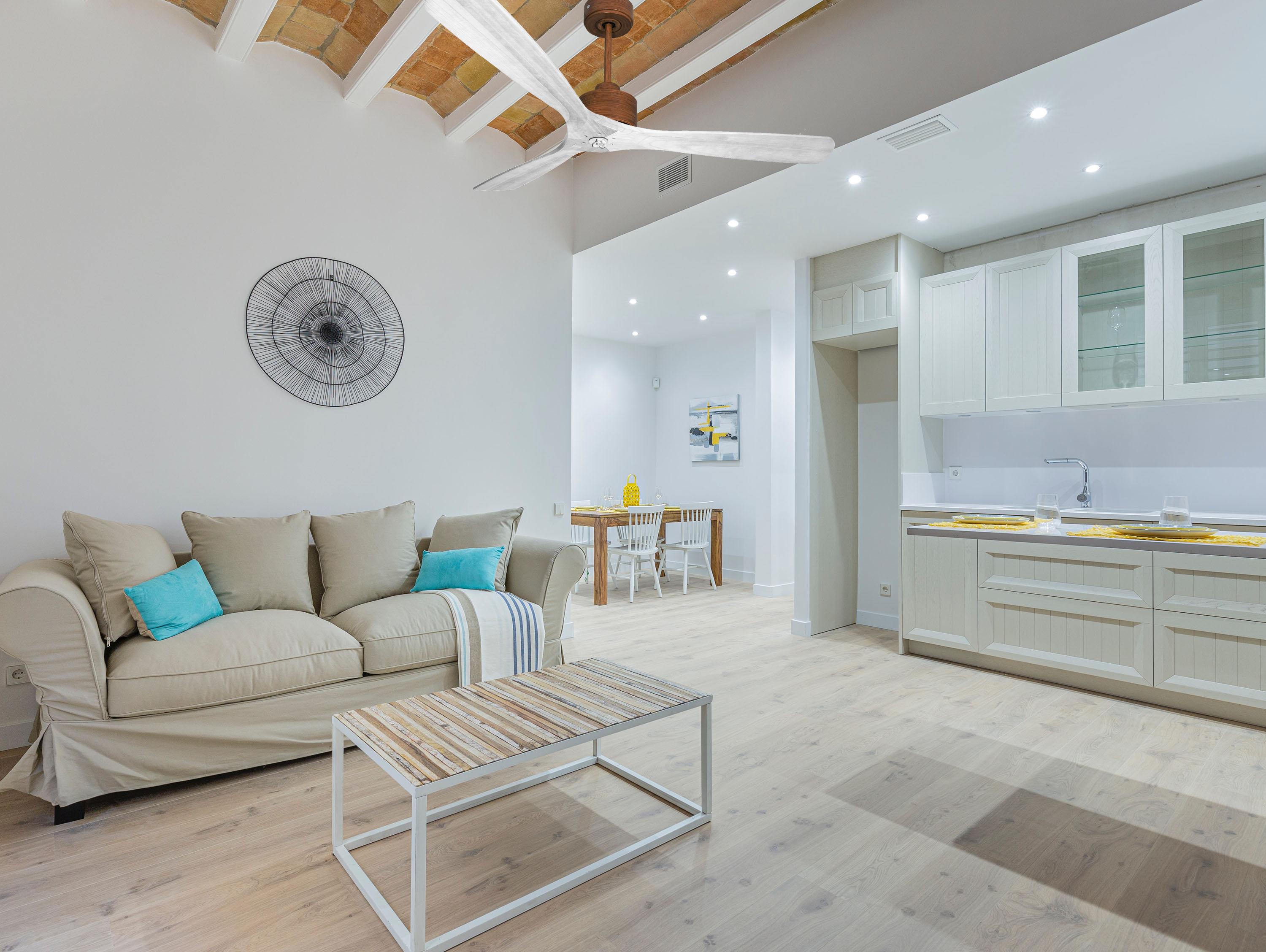Ventilatore da soffitto Reversibile Termostato Dimmabile Wifi Motore CC Tetti inclinati Telecomando Luce a tre toni Hypersilence Memoria Shopify Vendible (AUTOMATICO)