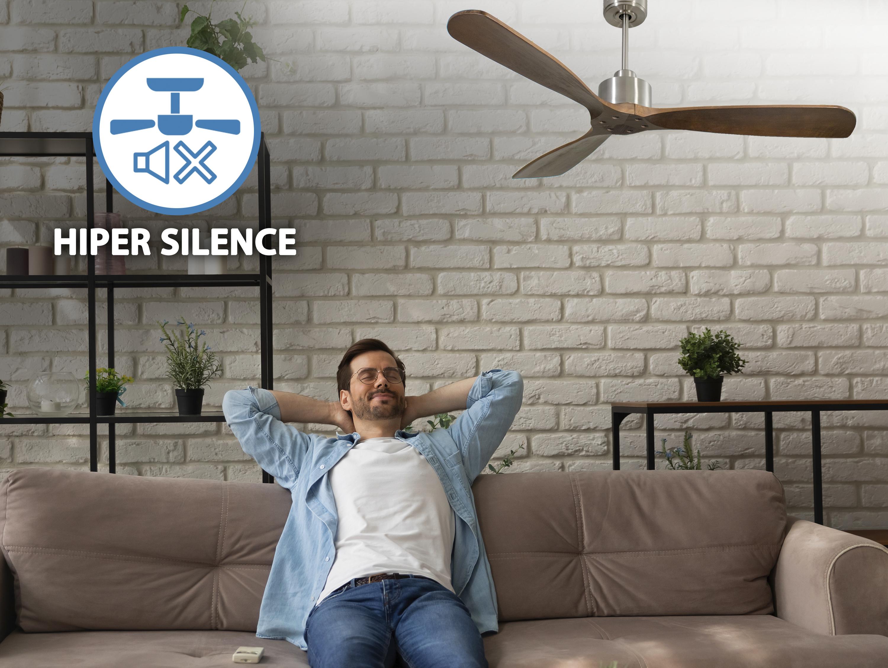 Ventilatore da soffitto Reversibile Termostato Wifi Motore CC Tetti inclinati Telecomando Hypersilence Memoria FullWood