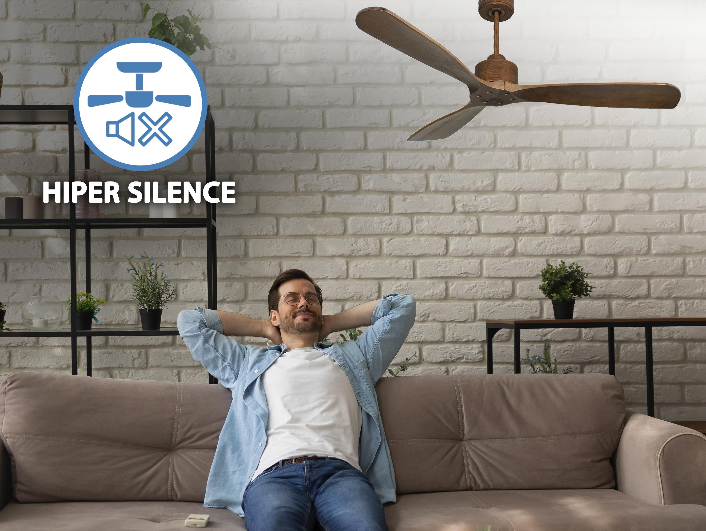 Ventilatore da soffitto Reversibile Termostato Wifi Motore CC Tetti inclinati Telecomando Hypersilence Memoria FullWood