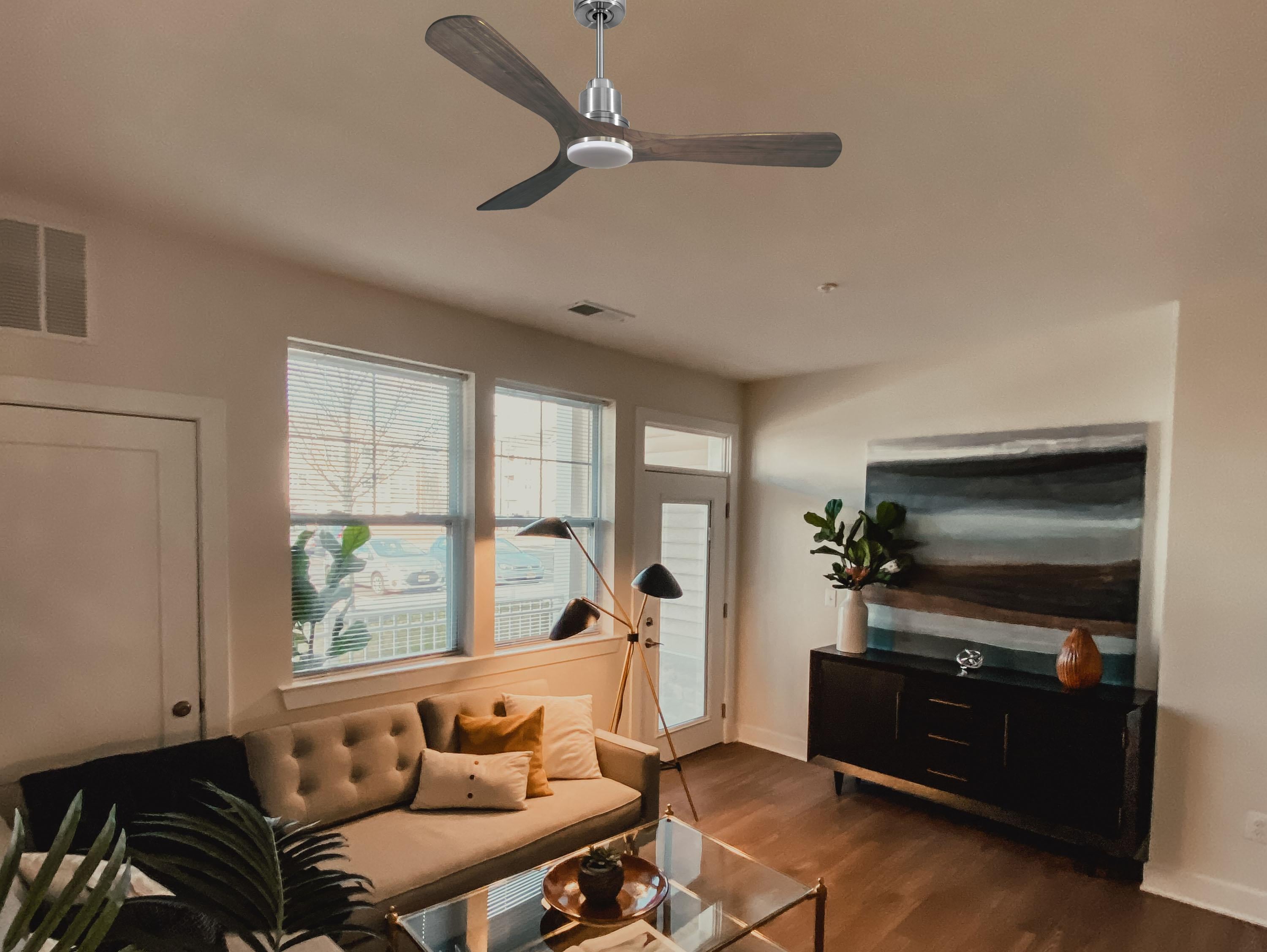 Ventilatore da soffitto Reversibile Termostato Dimmabile Wifi Motore CC Tetti inclinati Telecomando Luce a tre toni Hypersilence Memoria Shopify Vendible (AUTOMATICO)