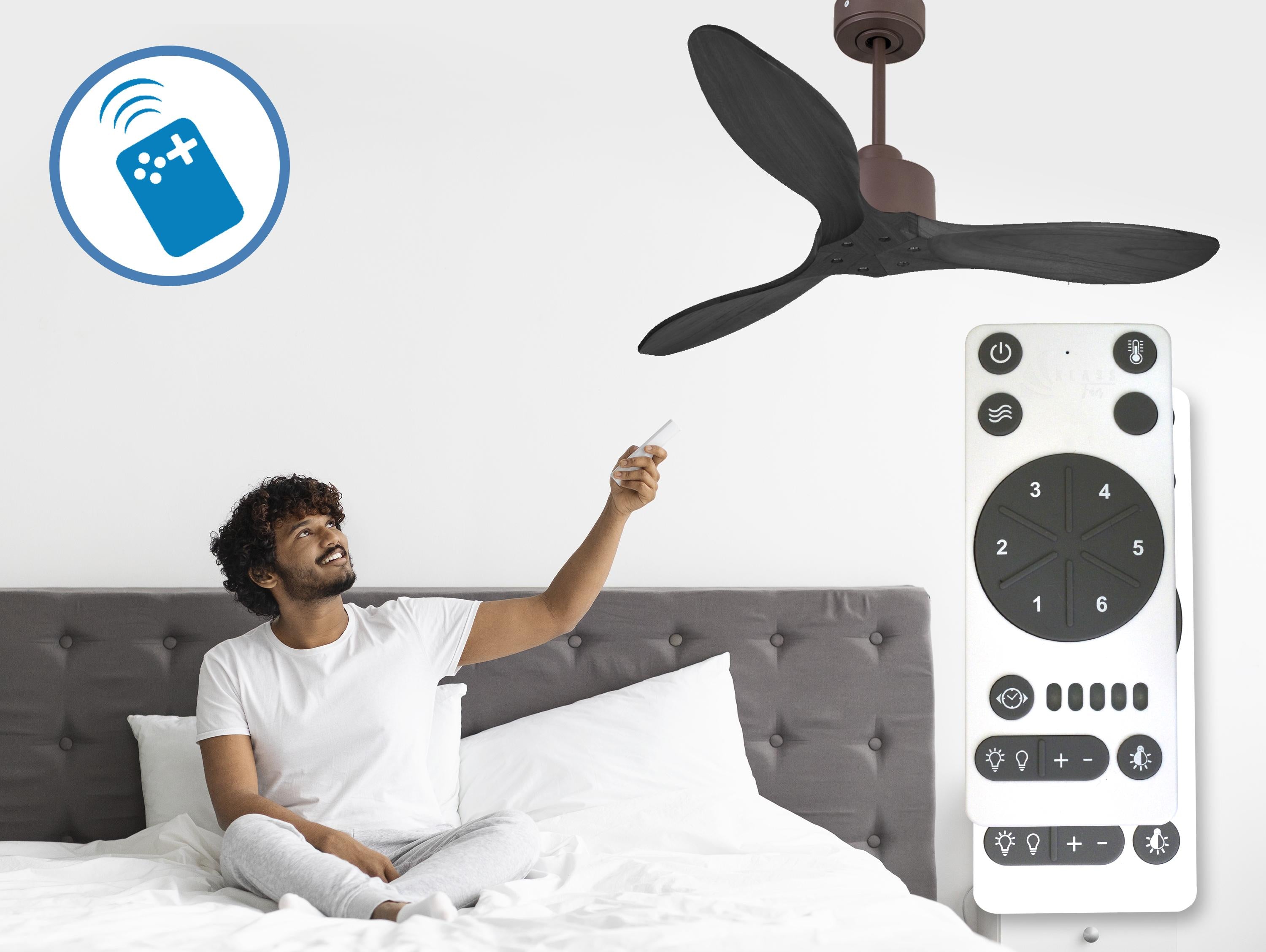 Ventilatore da soffitto Reversibile Termostato Wifi Motore CC Tetti inclinati Telecomando Hypersilence Memoria FullWood