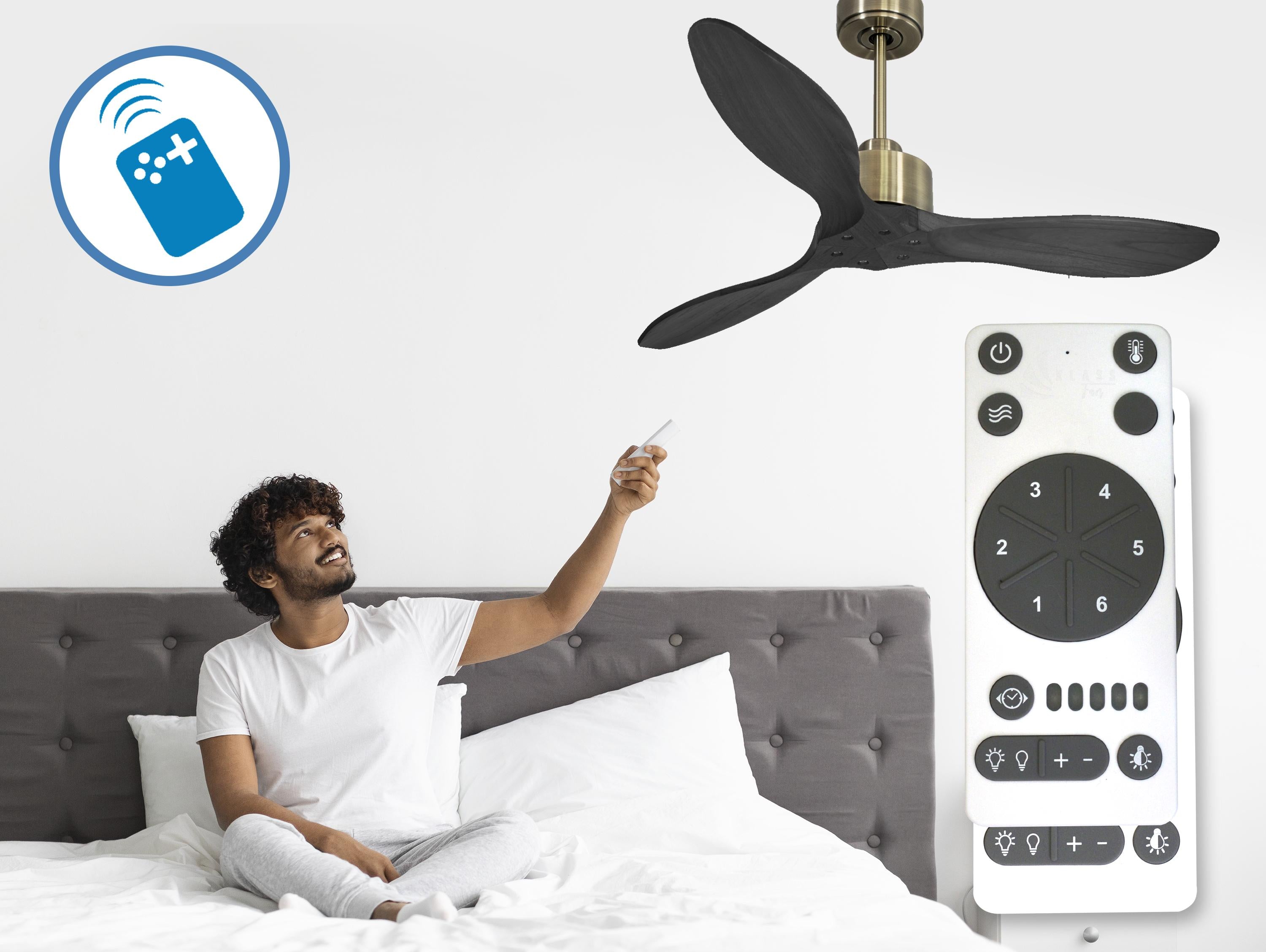 Ventilatore da soffitto Reversibile Termostato Wifi Motore CC Tetti inclinati Telecomando Hypersilence Memoria FullWood