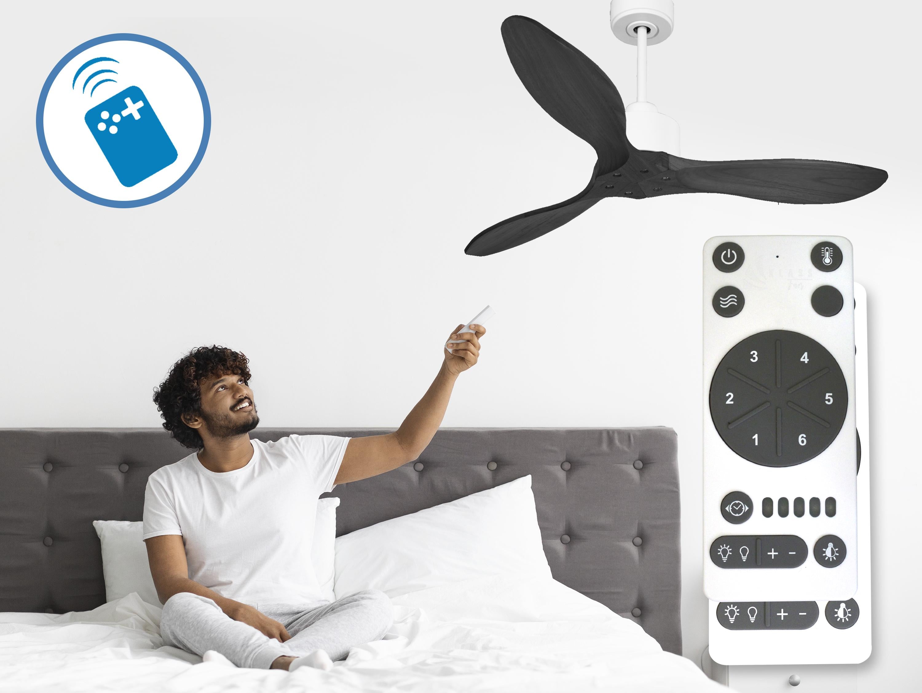 Ventilatore da soffitto Reversibile Termostato Wifi Motore CC Tetti inclinati Telecomando Hypersilence Memoria FullWood