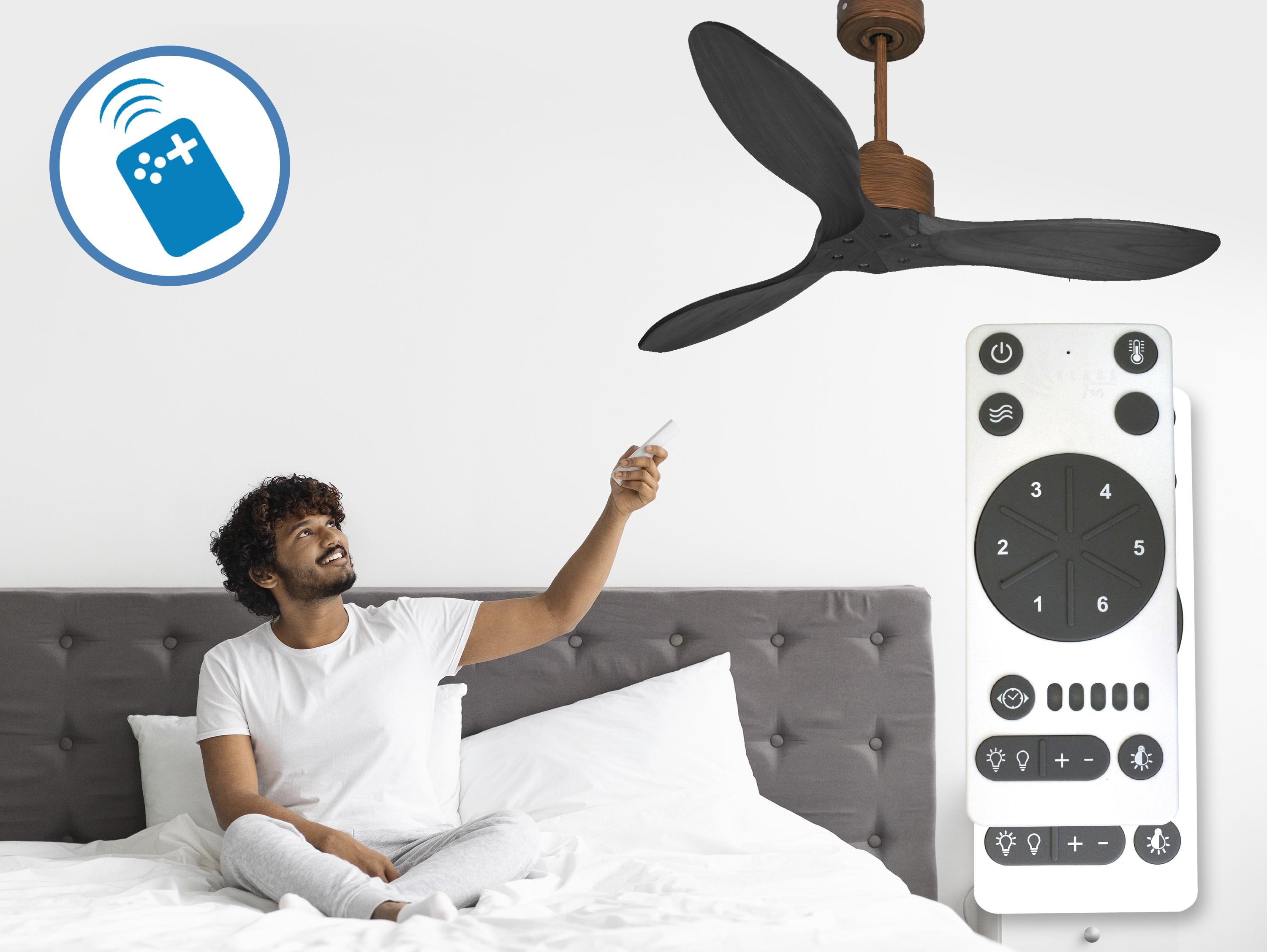 Ventilatore da soffitto Reversibile Termostato Wifi Motore CC Tetti inclinati Telecomando Hypersilence Memoria FullWood