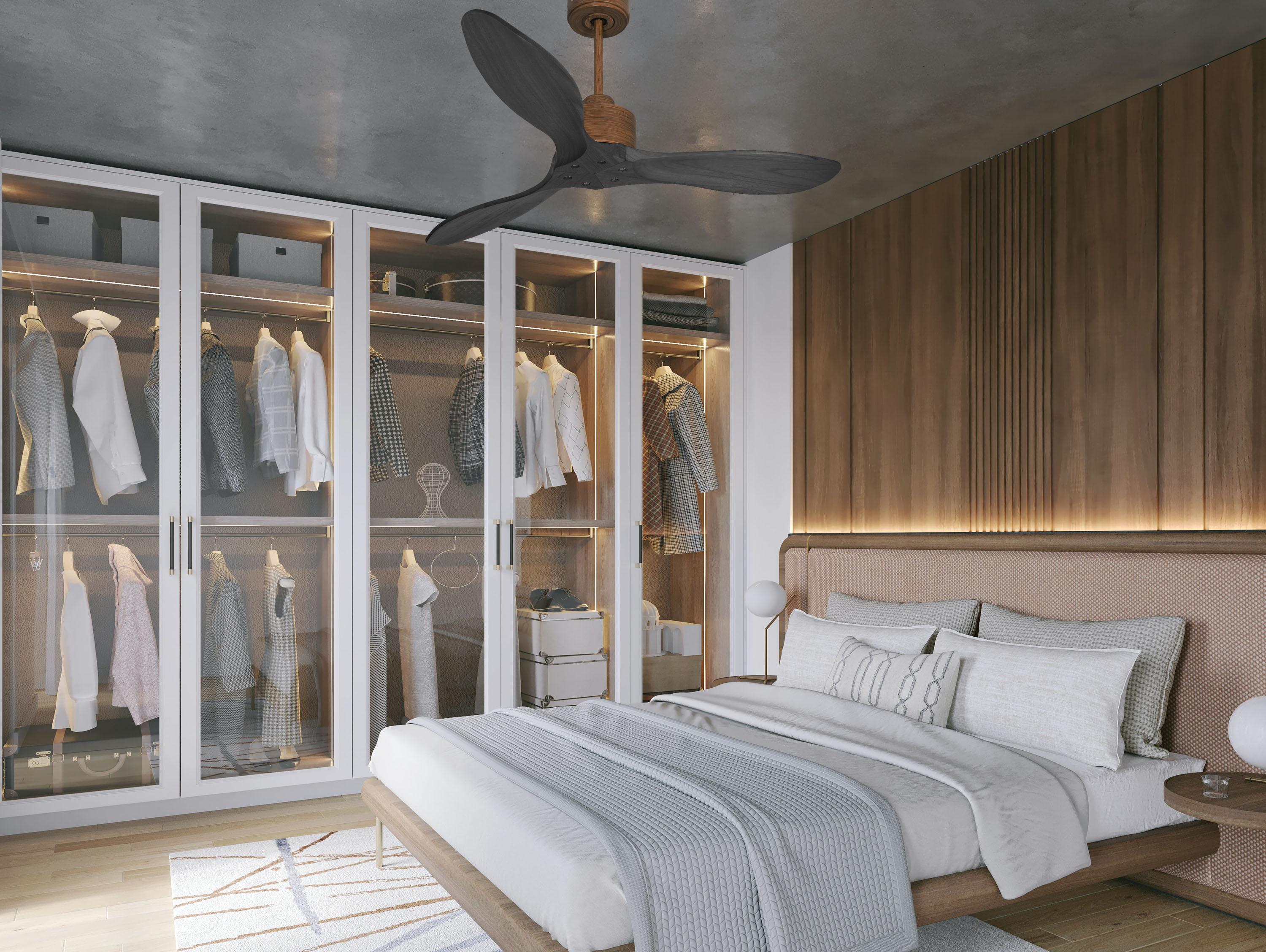 Ventilatore da soffitto Reversibile Termostato Wifi Motore CC Tetti inclinati Telecomando Hypersilence Memoria FullWood