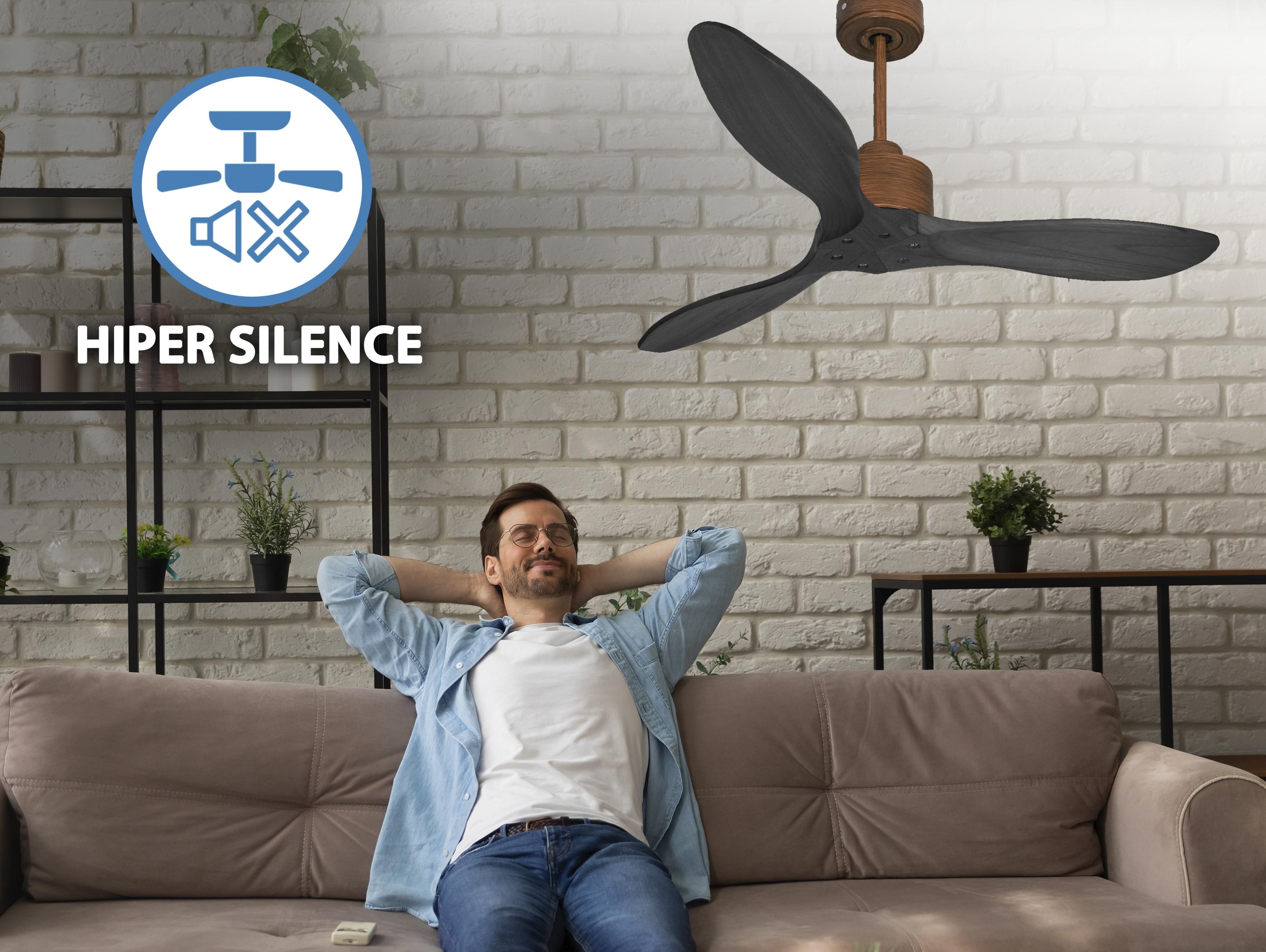 Ventilatore da soffitto Reversibile Termostato Wifi Motore CC Tetti inclinati Telecomando Hypersilence Memoria FullWood