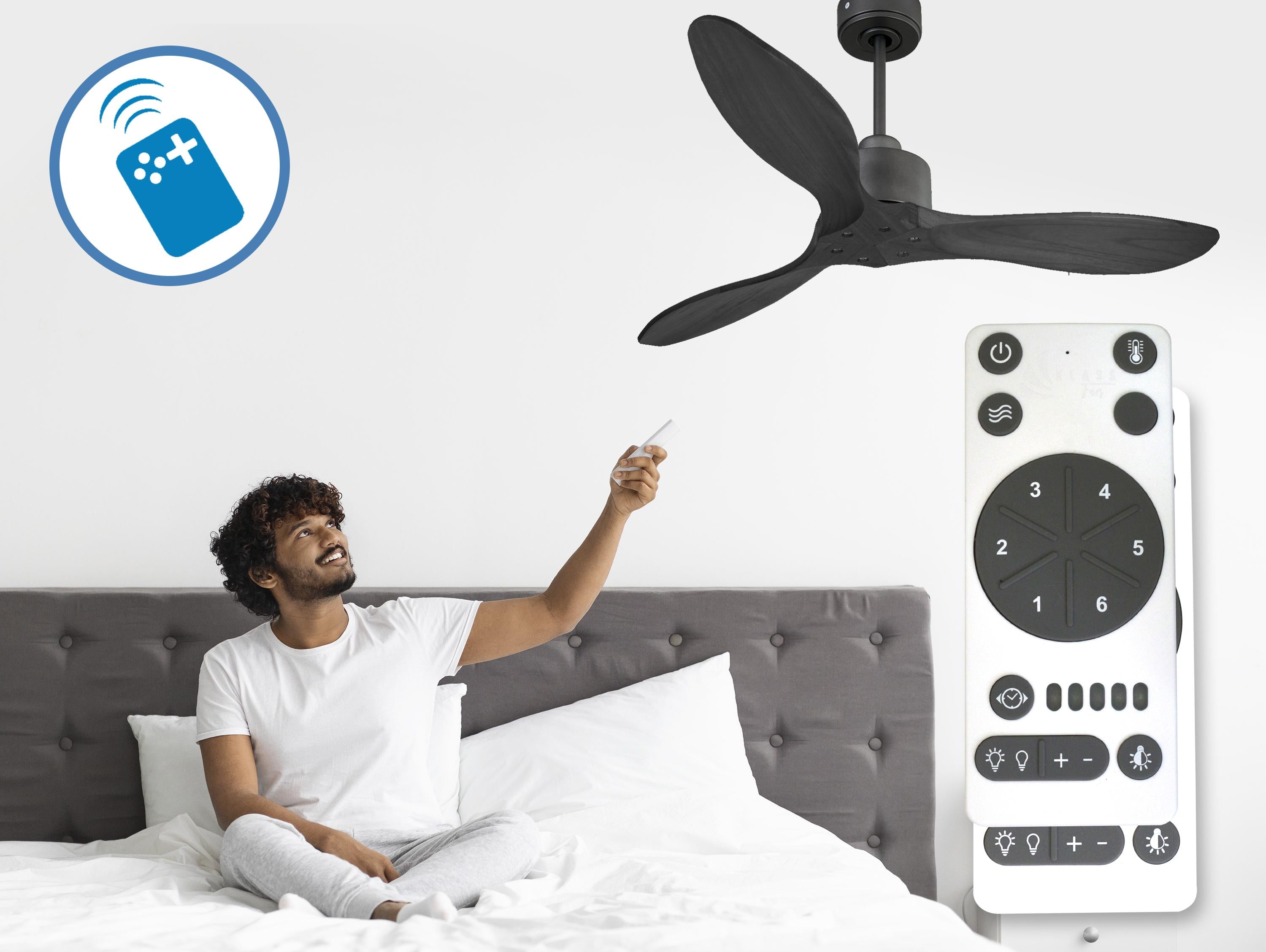 Ventilatore da soffitto Reversibile Termostato Wifi Motore CC Tetti inclinati Telecomando Hypersilence Memoria FullWood