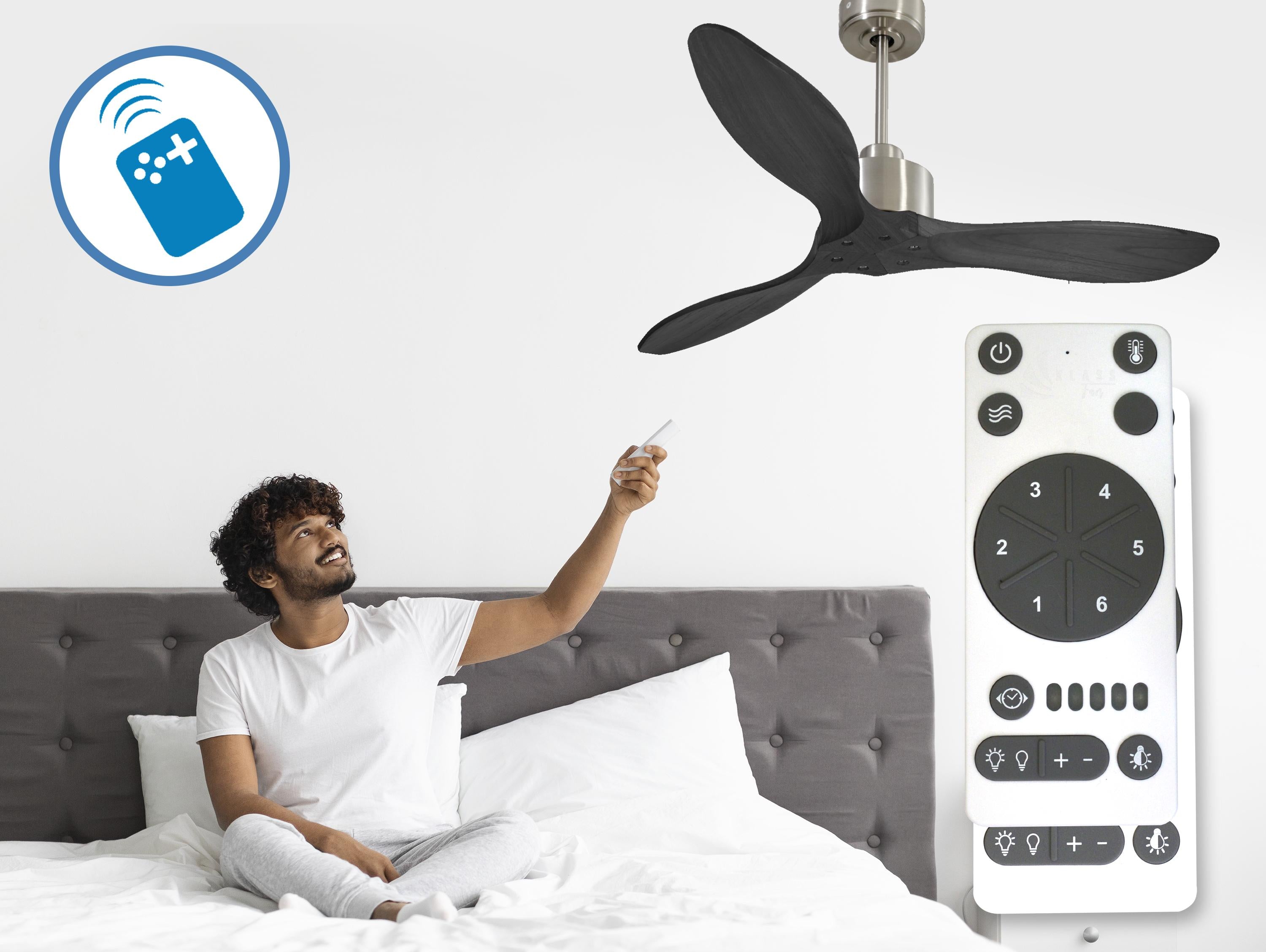Ventilatore da soffitto Reversibile Termostato Wifi Motore CC Tetti inclinati Telecomando Hypersilence Memoria FullWood