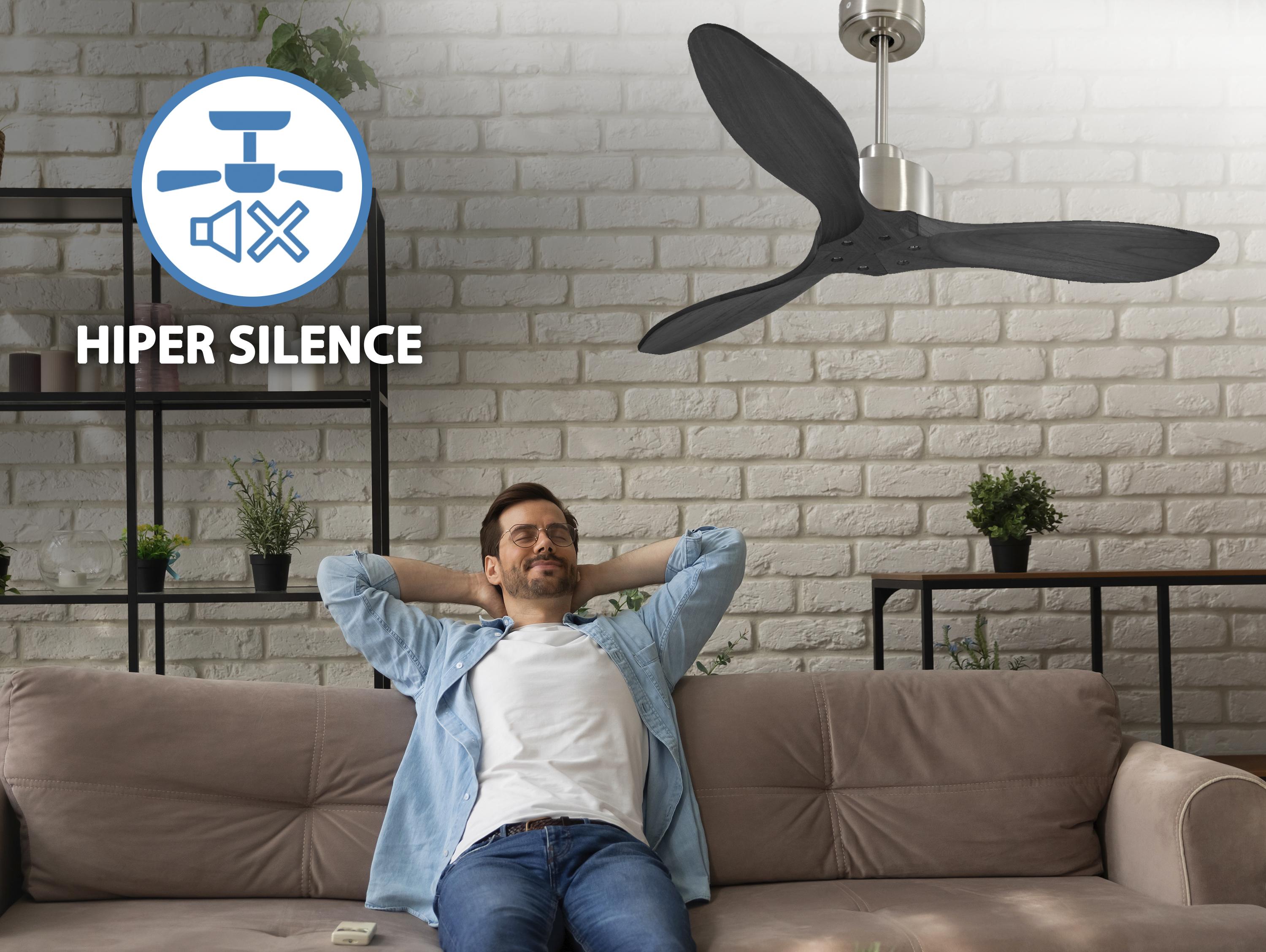 Ventilatore da soffitto Reversibile Termostato Wifi Motore CC Tetti inclinati Telecomando Hypersilence Memoria FullWood