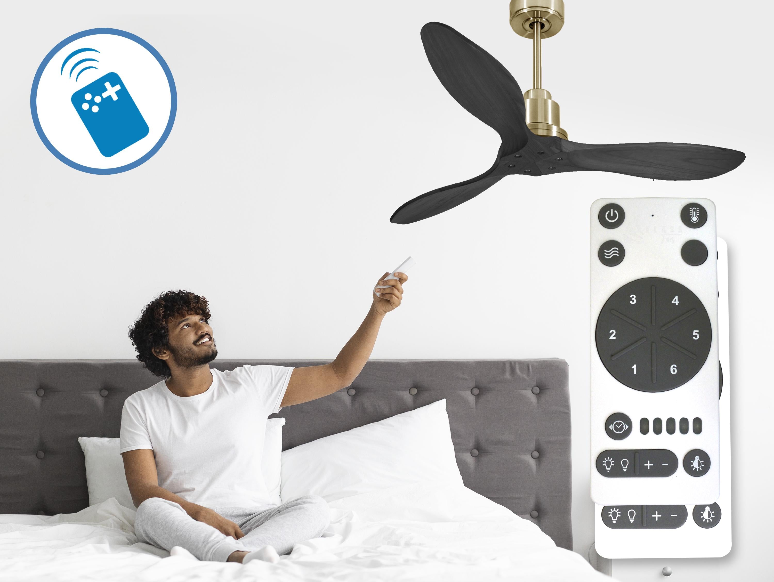 Ventilatore da soffitto Reversibile Termostato Wifi Motore CC Tetti inclinati Telecomando Hypersilence Memoria FullWood