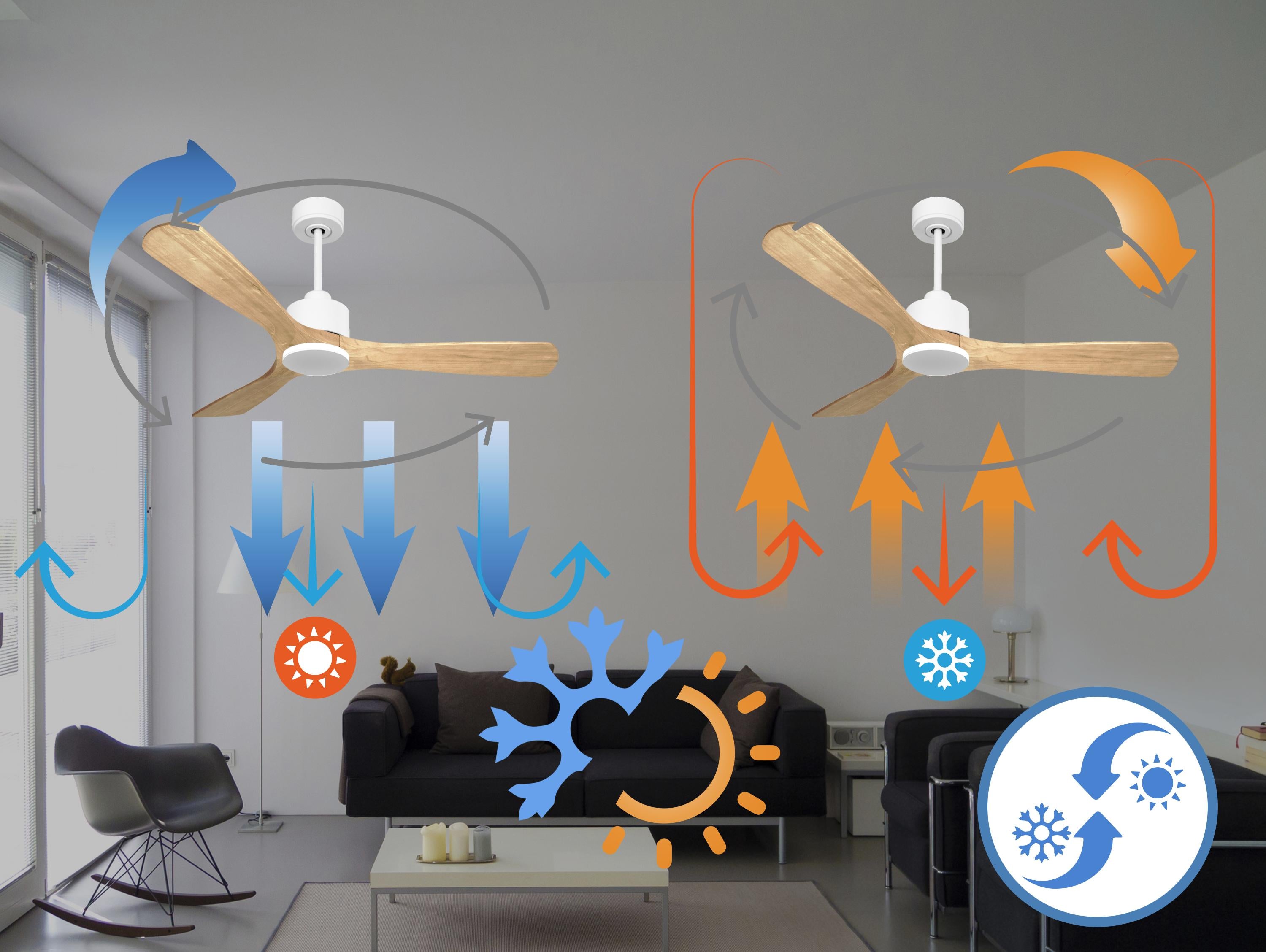 Ventilatore da soffitto Reversibile Termostato Wifi Motore CC Tetti inclinati Telecomando Hypersilence Memoria