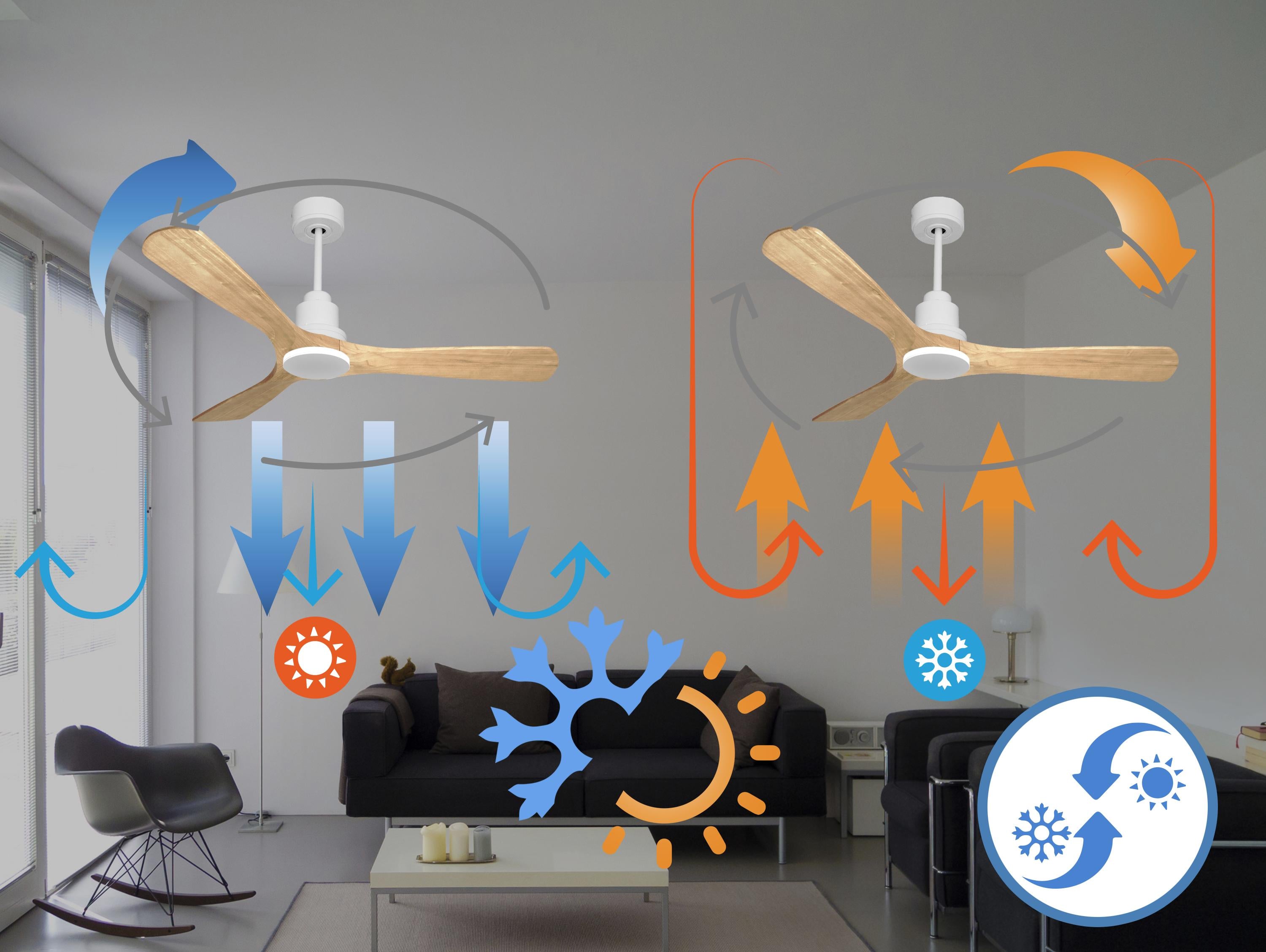 Ventilatore da soffitto Reversibile Termostato Wifi Motore CC Tetti inclinati Telecomando Hypersilence Memoria