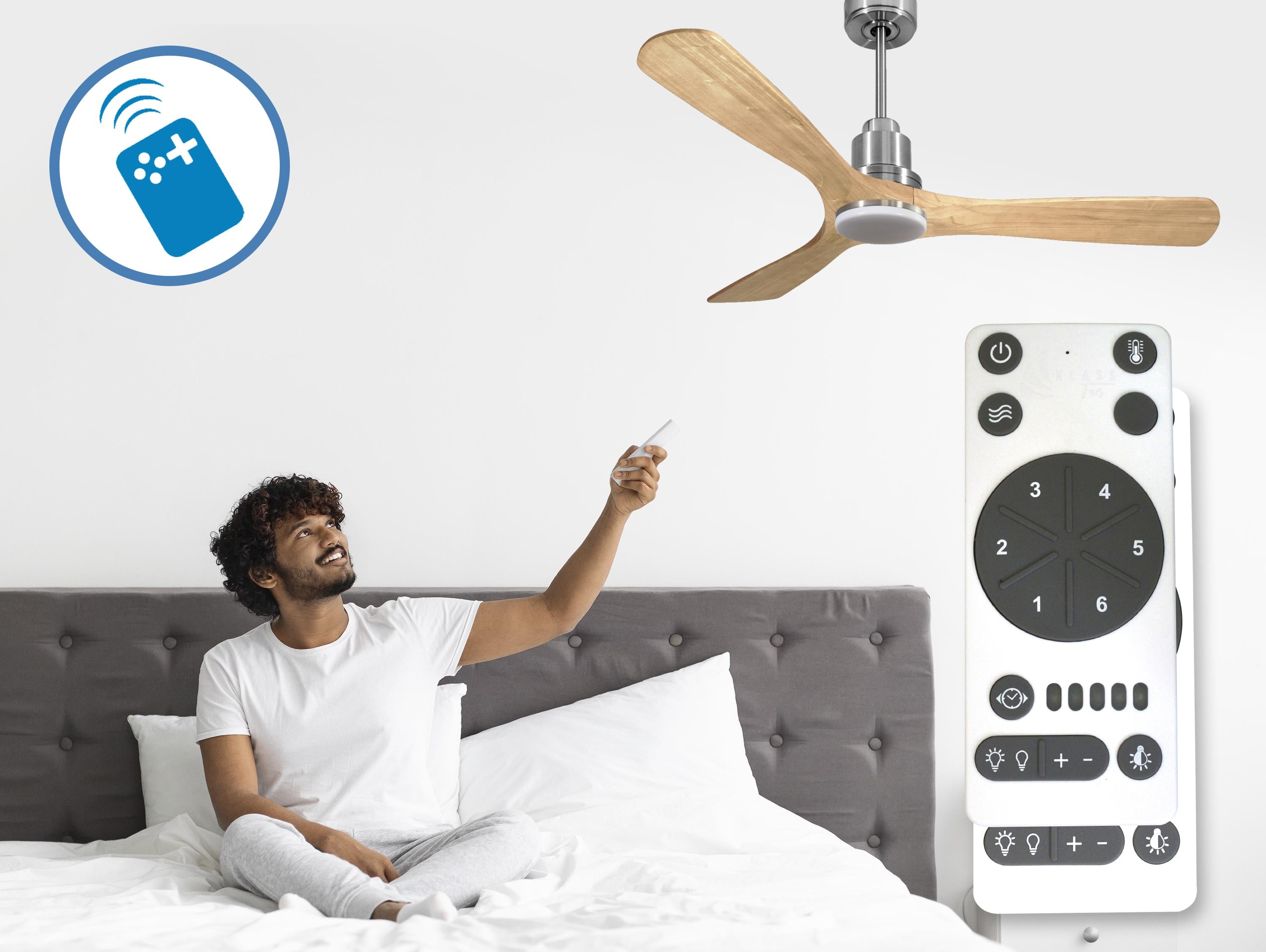 Ventilatore da soffitto Reversibile Termostato Dimmabile Wifi Motore CC Tetti inclinati Telecomando Luce a tre toni Hypersilence Memoria Shopify Vendible (AUTOMATICO)