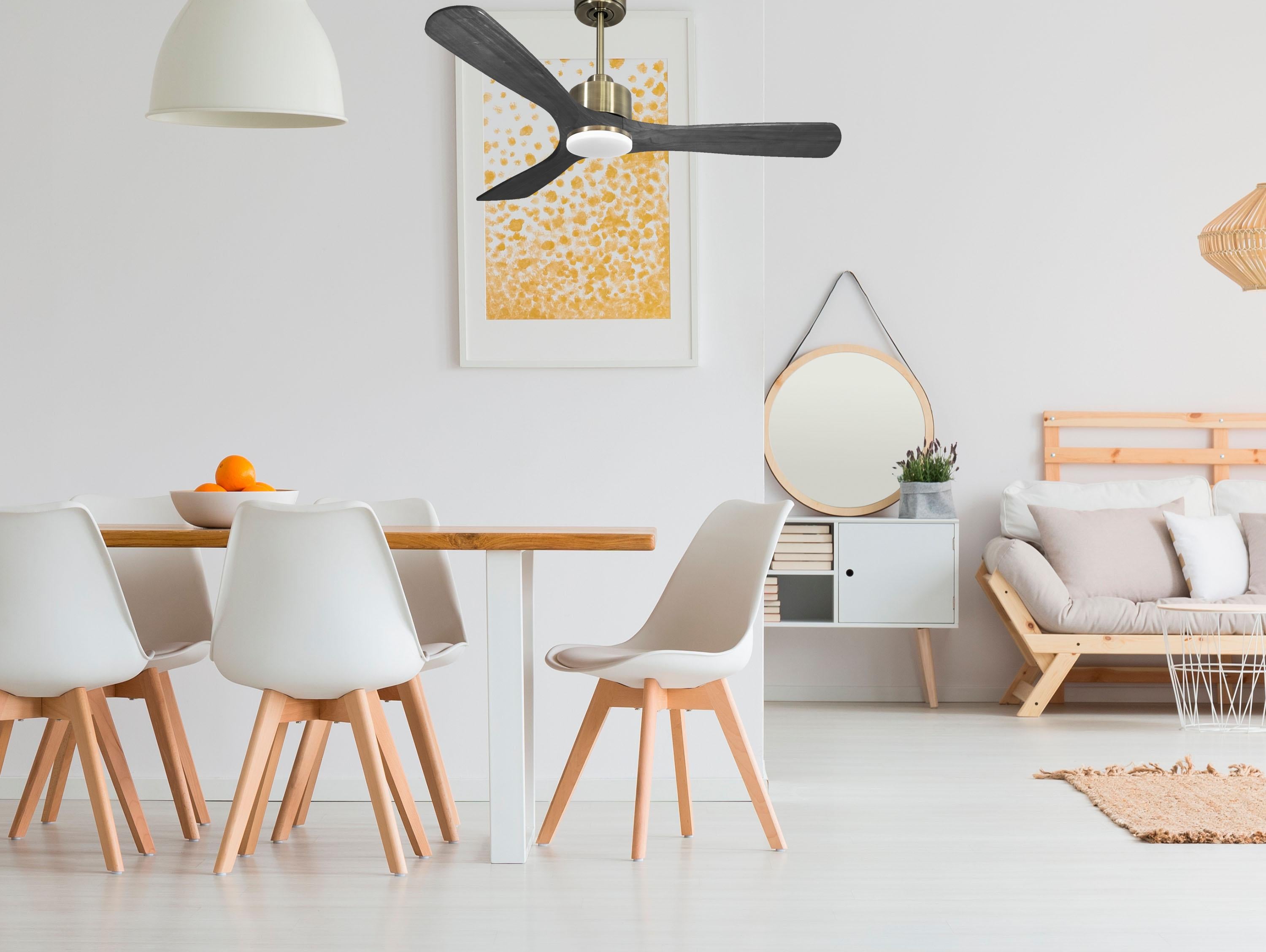Ventilatore da soffitto Reversibile Termostato Dimmabile Wifi Motore CC Tetti inclinati Telecomando Luce a tre toni Hypersilence Memoria