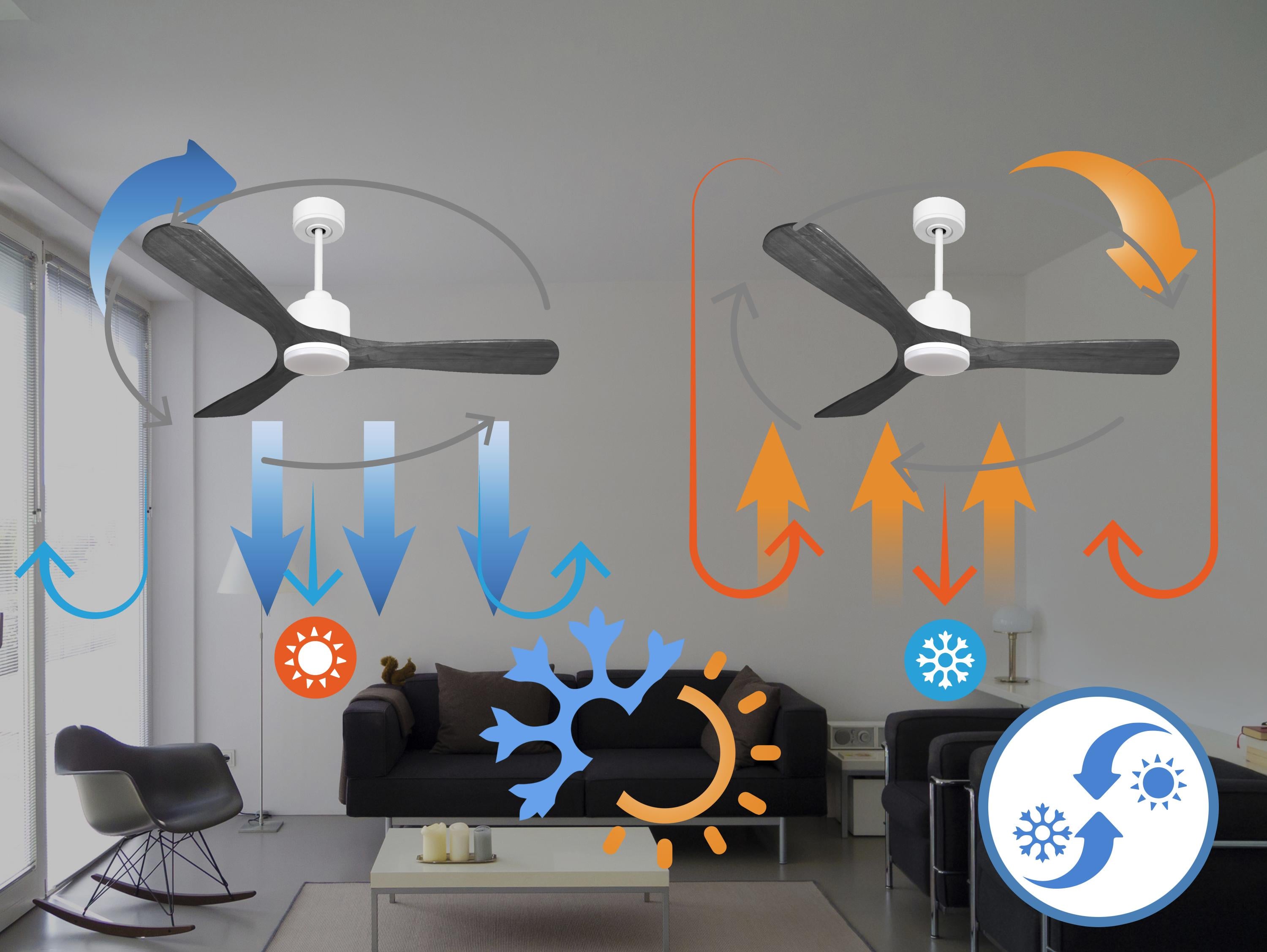 Ventilatore da soffitto Reversibile Termostato Dimmabile Wifi Motore CC Tetti inclinati Telecomando Luce a tre toni Hypersilence Memoria